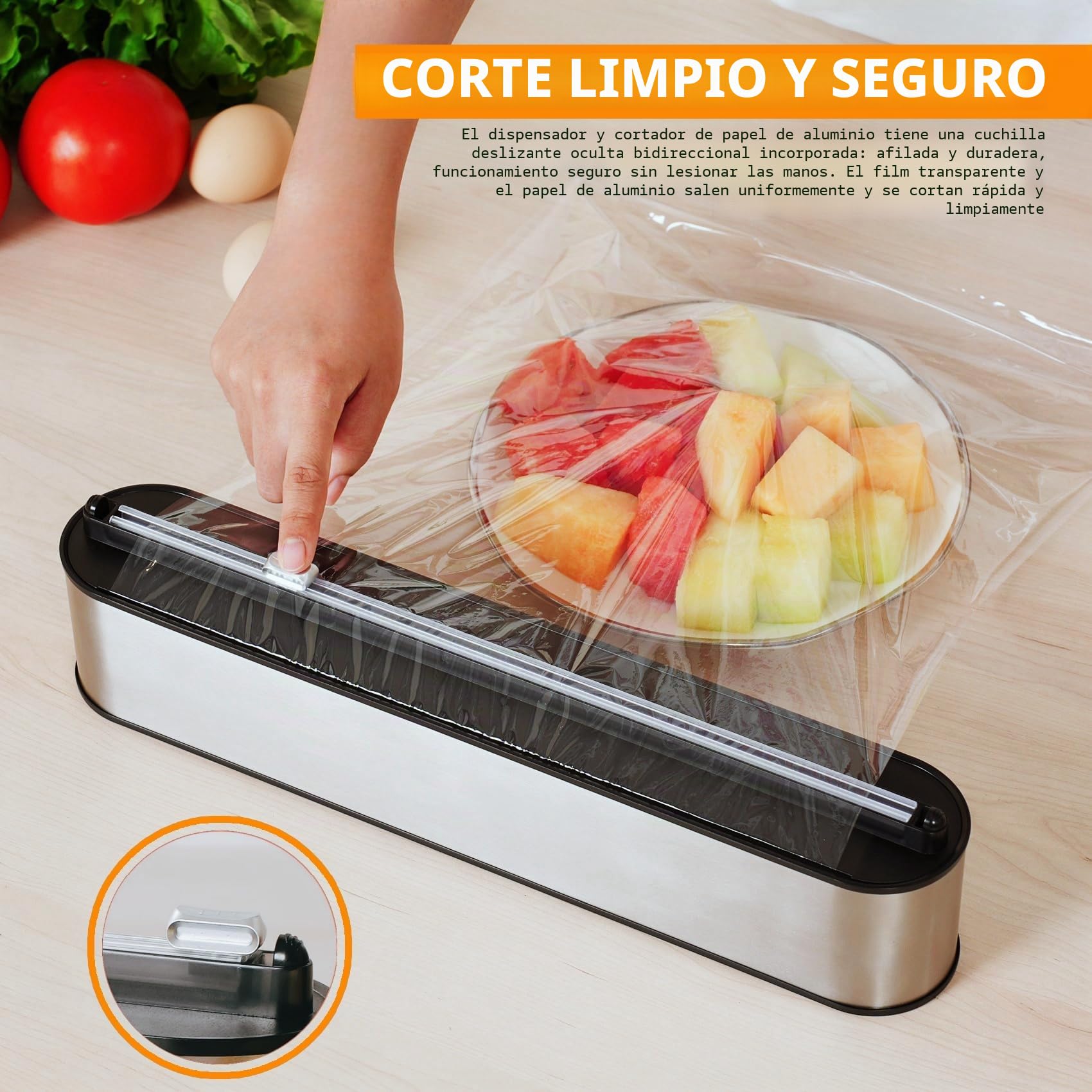 Dispensador Papel Aluminio y Film - Montaje Magnético & Pared sin Taladrar, Cortador Film Transparente, Corte Preciso, Organizador Cocina Profesional - 2 rollos de 100 m, Acero Inox Plata