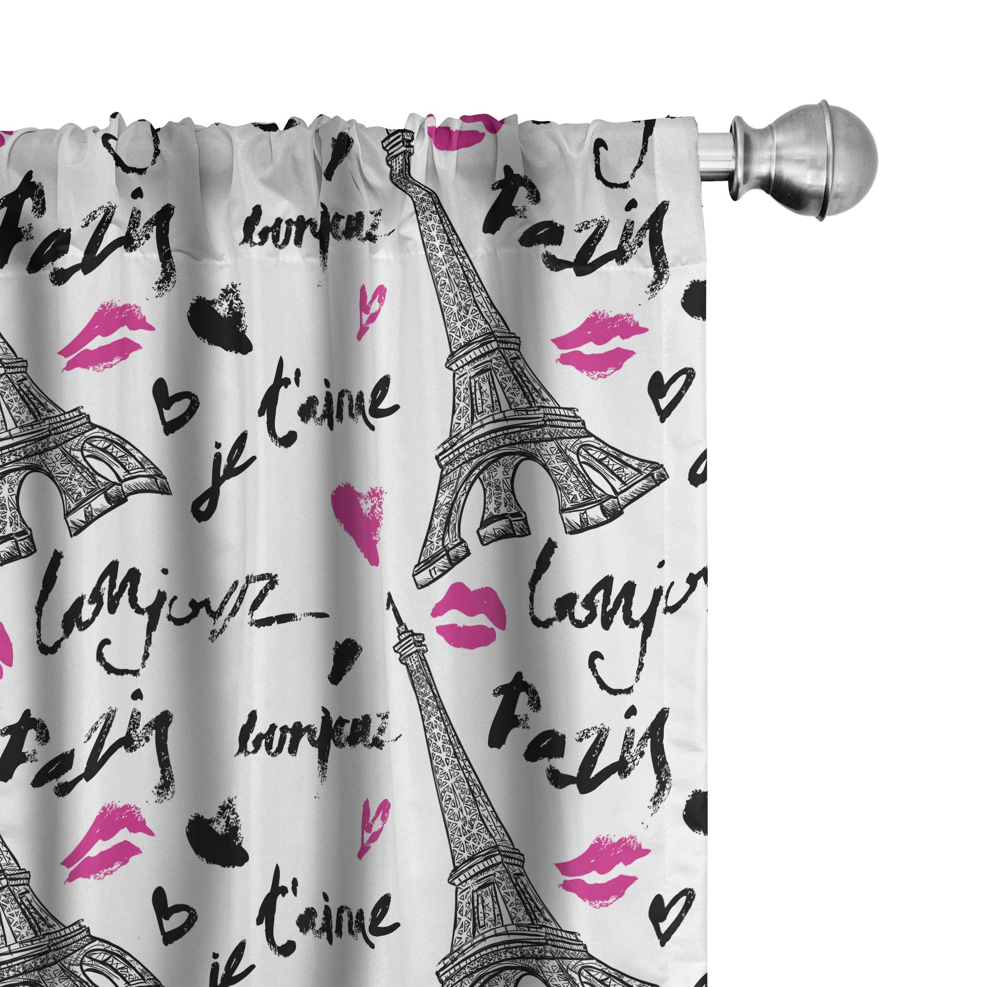 Ambesonne Paris Window Curtains Pack of 2, Eiffel Tower Lipstick Kiss Heart Shape Words Love Touristic Architecture, Lightweight Set with Rod Pocket,