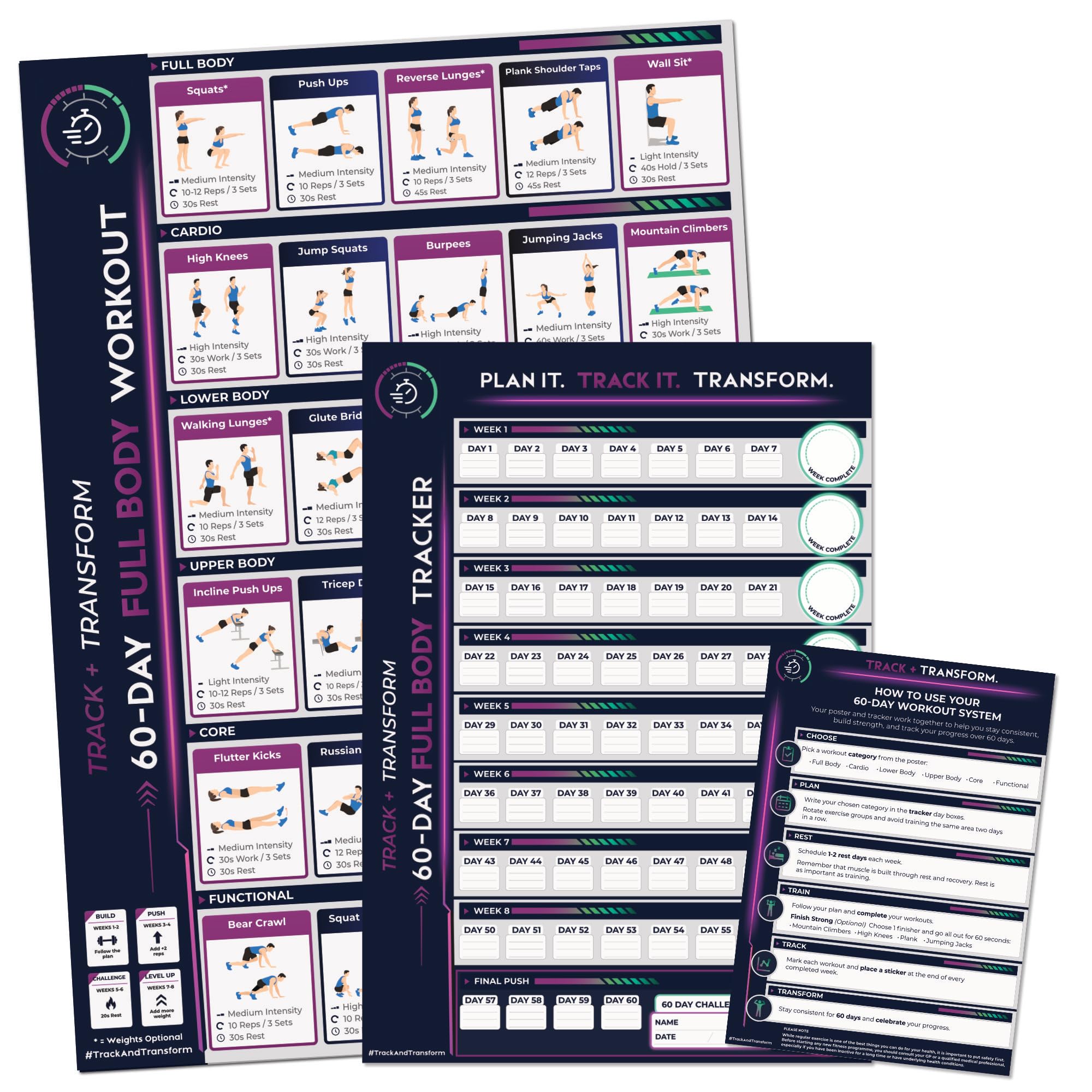 60-Day Full Body Workout Poster, Planner & Tracker Set. Exercise Guide + Progress Planner Tracker with Stickers. Home Cardio Gym Fitness Wall Chart. Extra Large A1 Size (84.1 x 59.4cm).