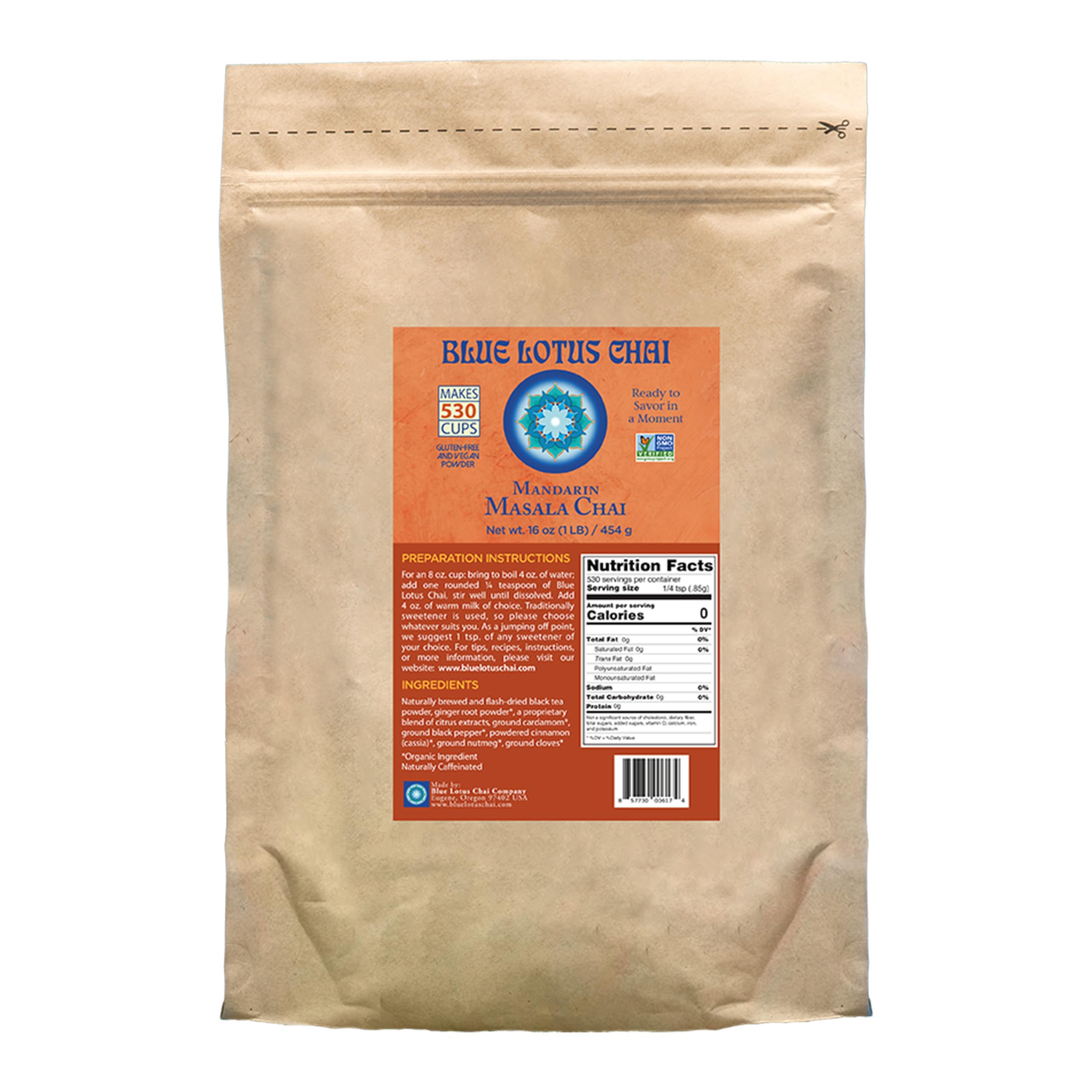 Blue Lotus Chai - Mandarin Masala Chai - Makes 530 Cups - 1 Pound Bulk Bag Masala Spiced Chai Powder with Organic Spices - Instant Indian Tea No Steeping - No Gluten