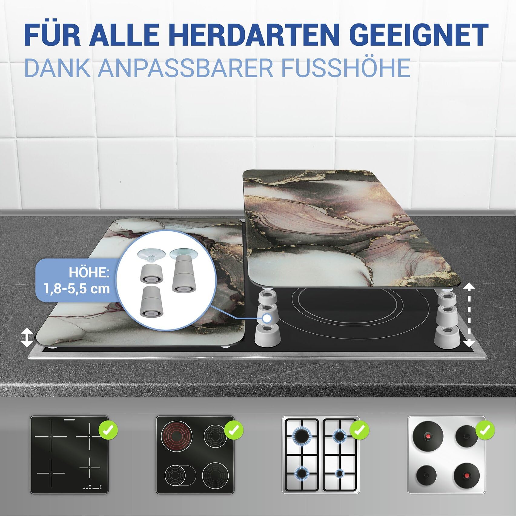 WENKO Herdabdeckplatte Universal Mod. Aquarell, höhenverstellbar für alle Herdarten, Schneidebrett und Spritzschutz, Glas, 30 x 52 cm, 2-teilig