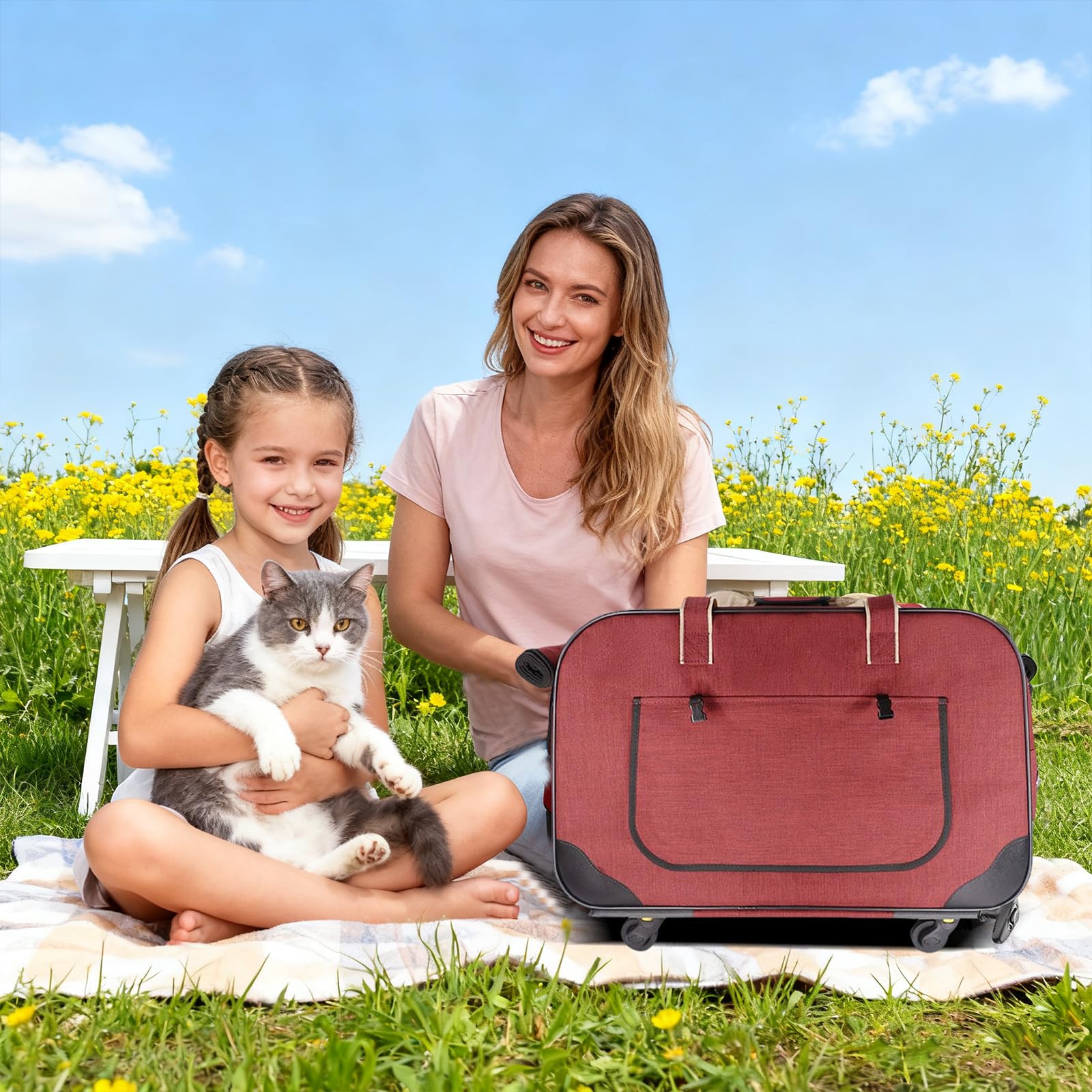 PETCUTE Transportín para Mascotas con Ruedas y Asa Telescópica,Plegable Bolso de Transporte para Gatos y Perros con Alfombrilla Extraíble,Cinturón de Seguridad,Transportín Gato,Carga Máxima 17.5kg