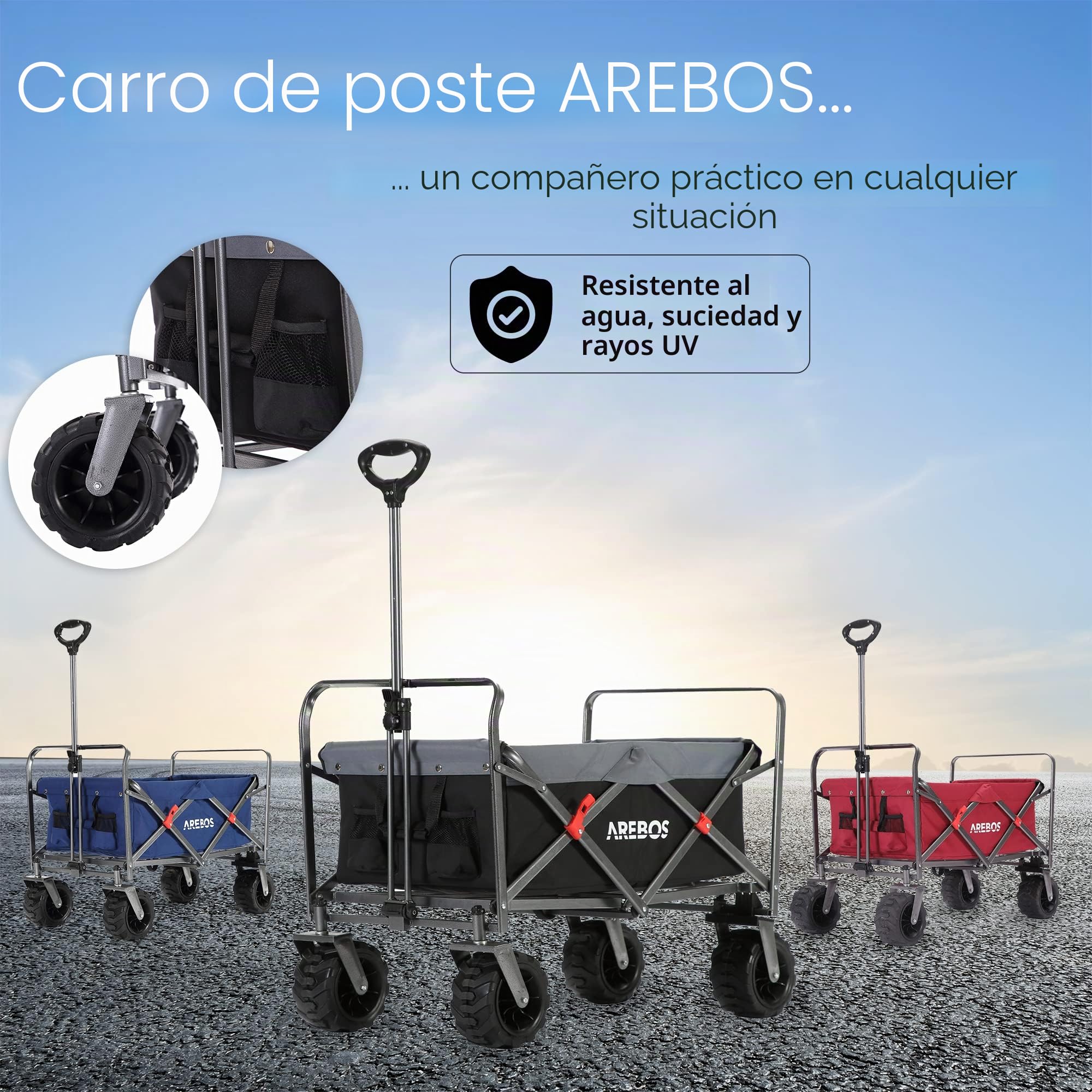 Arebos - Carro Playa | Carrito Plegable Transporte para Jardín | Carrito Plegable para aparatos | MAX 100kg | Negro