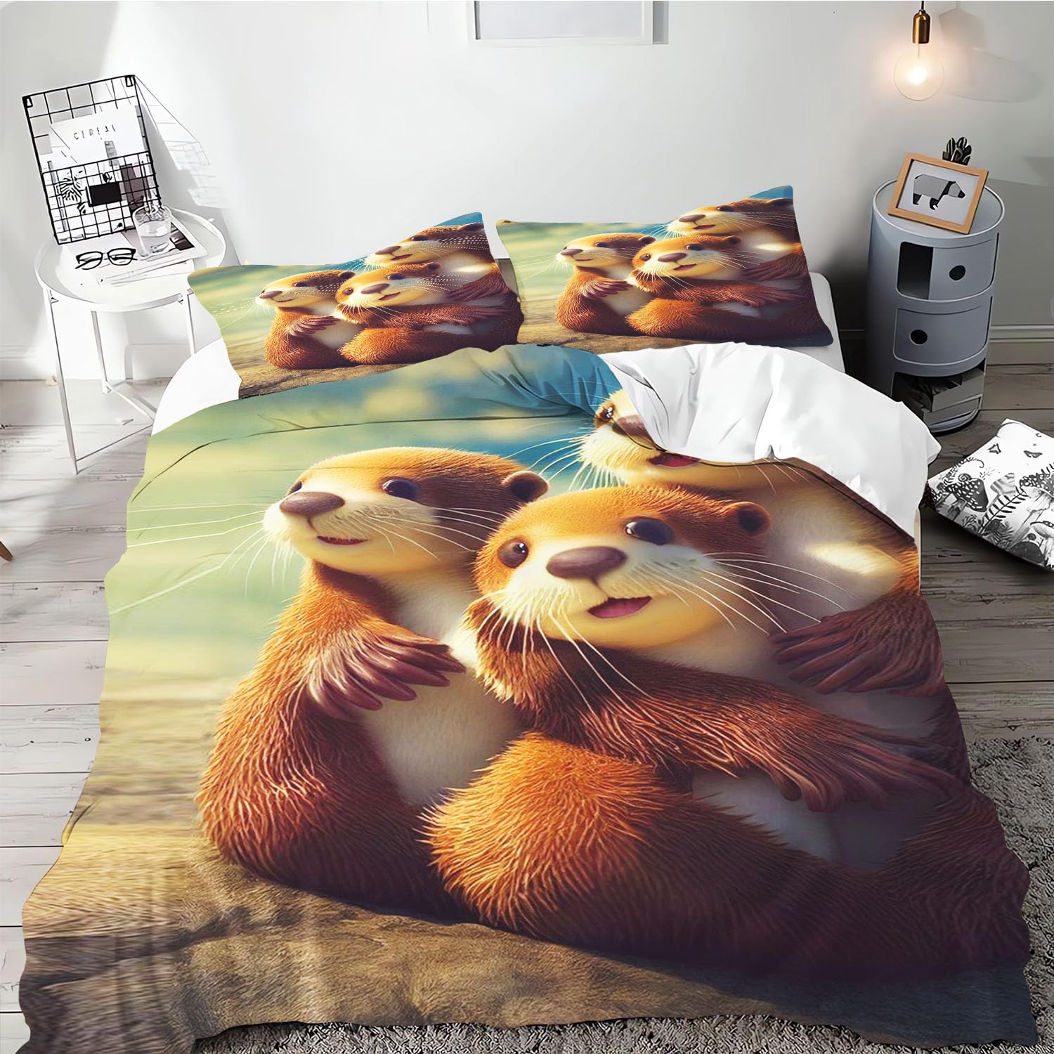 SMchwbc Otter Bed Linen 135 x 200 cm, Cute Otter Duvet Cover for Boys Girls Otter Animal Bed Linen Set, 3D Print