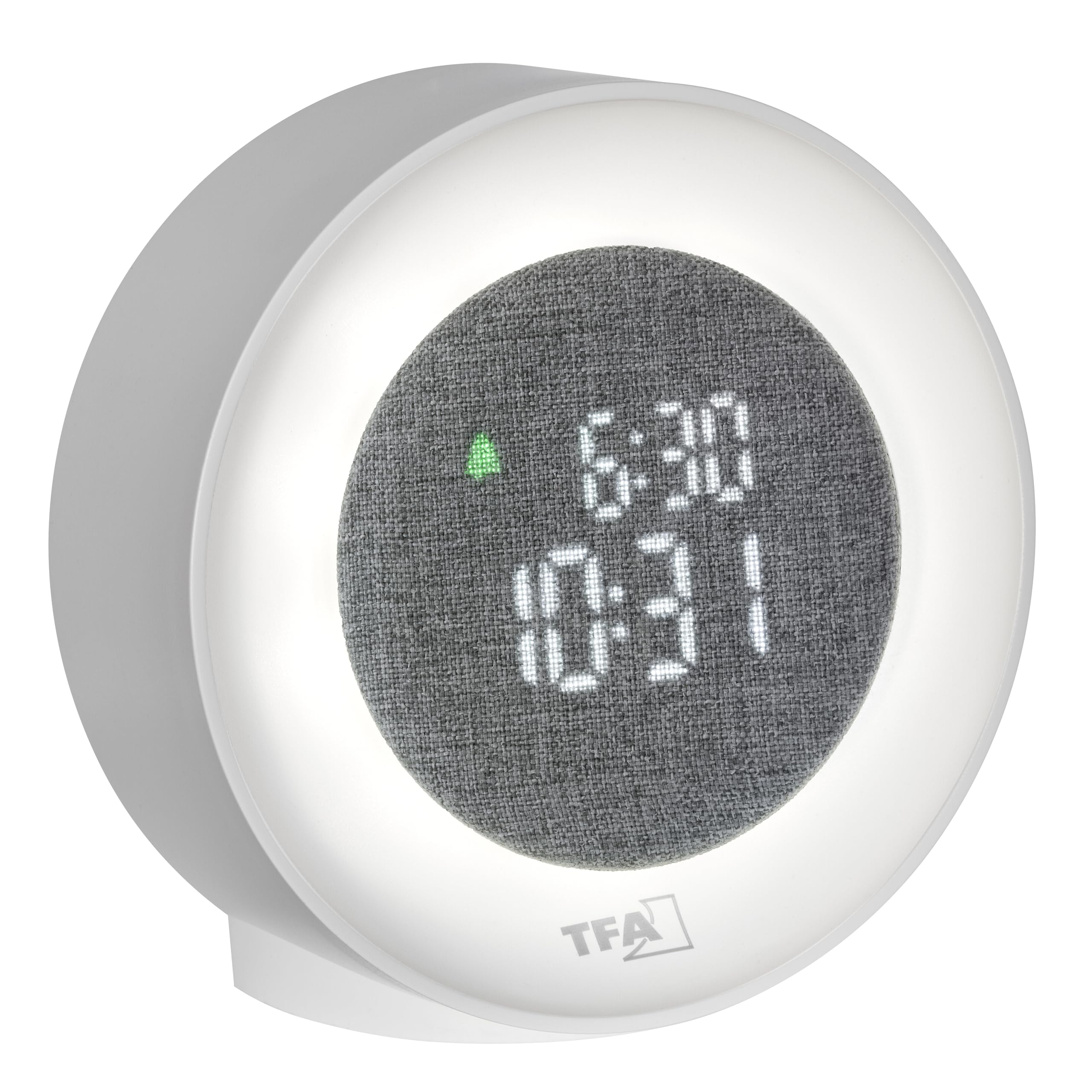 TFA Dostmann Digitaler Lichtwecker mit LED-Ziffern, 60.2047, Nachtlicht & Aufwachlicht, mit Datumsanzeige, Stoffbezug, netzbetrieben, Weckalarm mit Snooze-Funktion, weiß