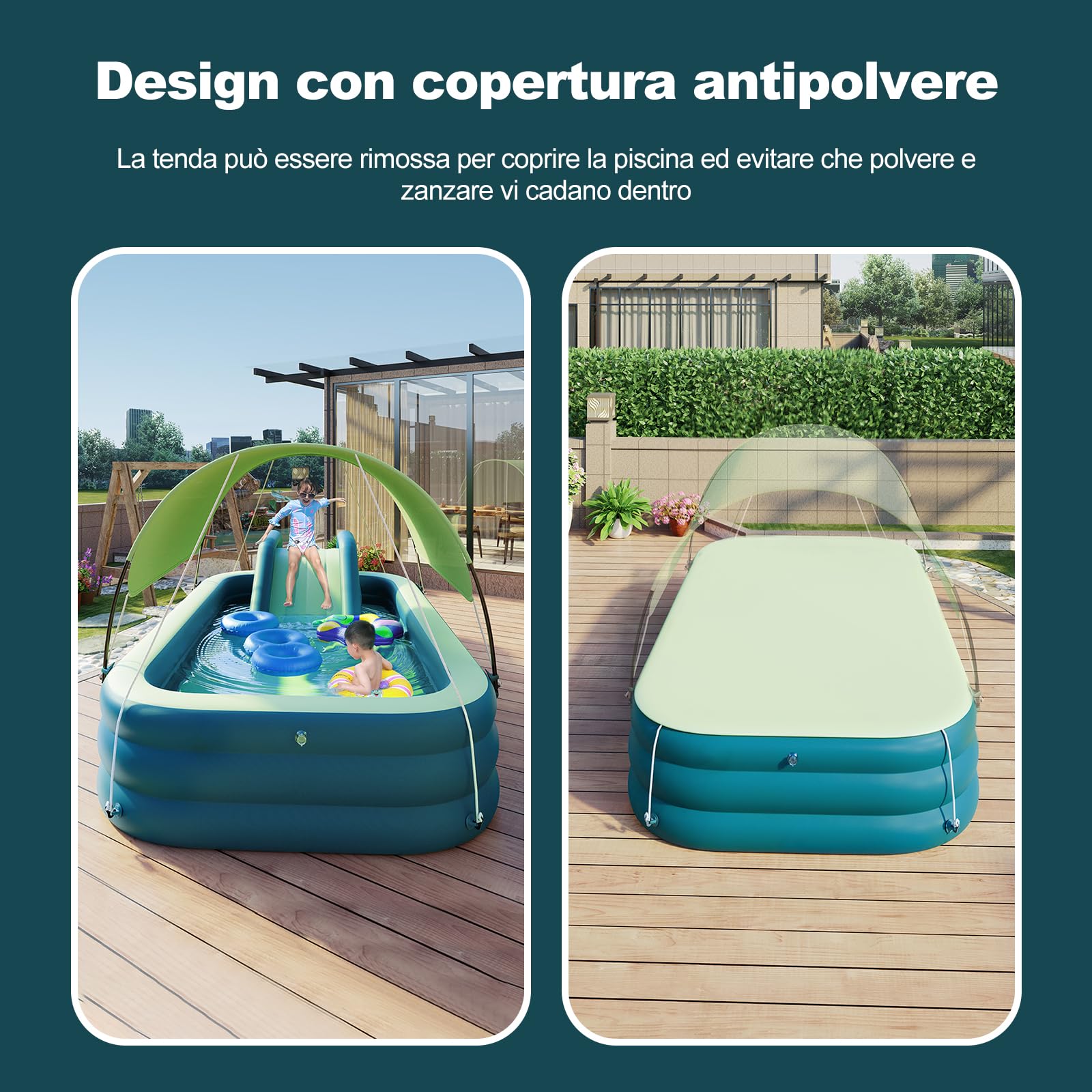 Ergocar Piscina Gonfiabile Bambini, Piscina Rettangolare con Acquascivolo e Tenda da Sole, per Cortile e Giardino