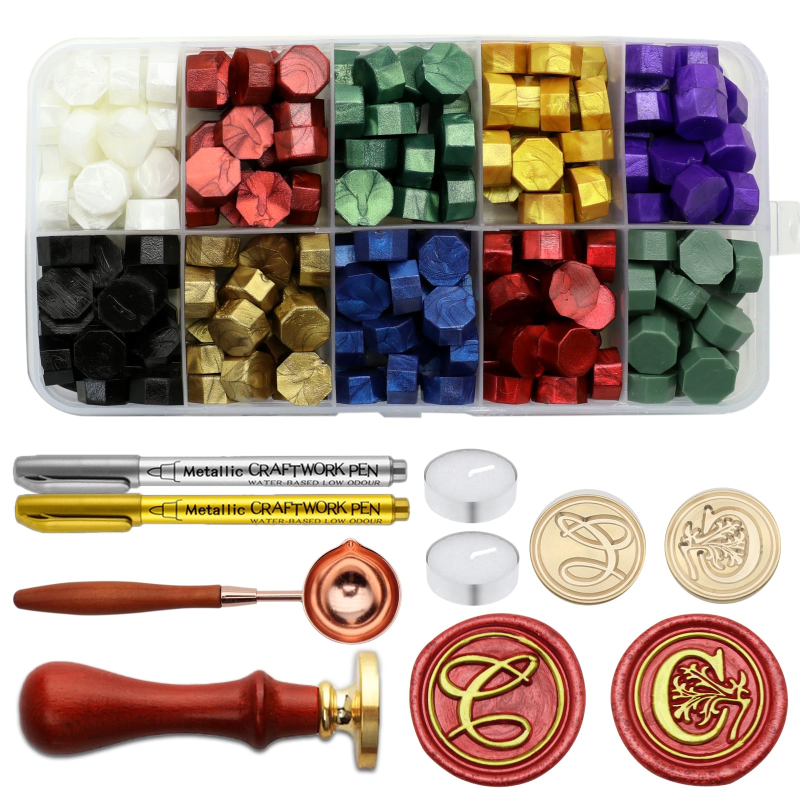 Andotopee Letter Wax Seal Stamp Kit - Initial Alphabet C Stamp Head 2pcs, Vintage Monogram Stamps Wax Seal Kit with 200pcs Assorted Sealing Beads,