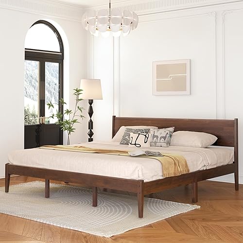 King Bed Frame and Headboard, Mid Century Platform Bed Frame, Malaysian Oak King Bedframe with Adjustable Support Legs, No Box Spring Needed, Easy Assembly, Antique Espresso