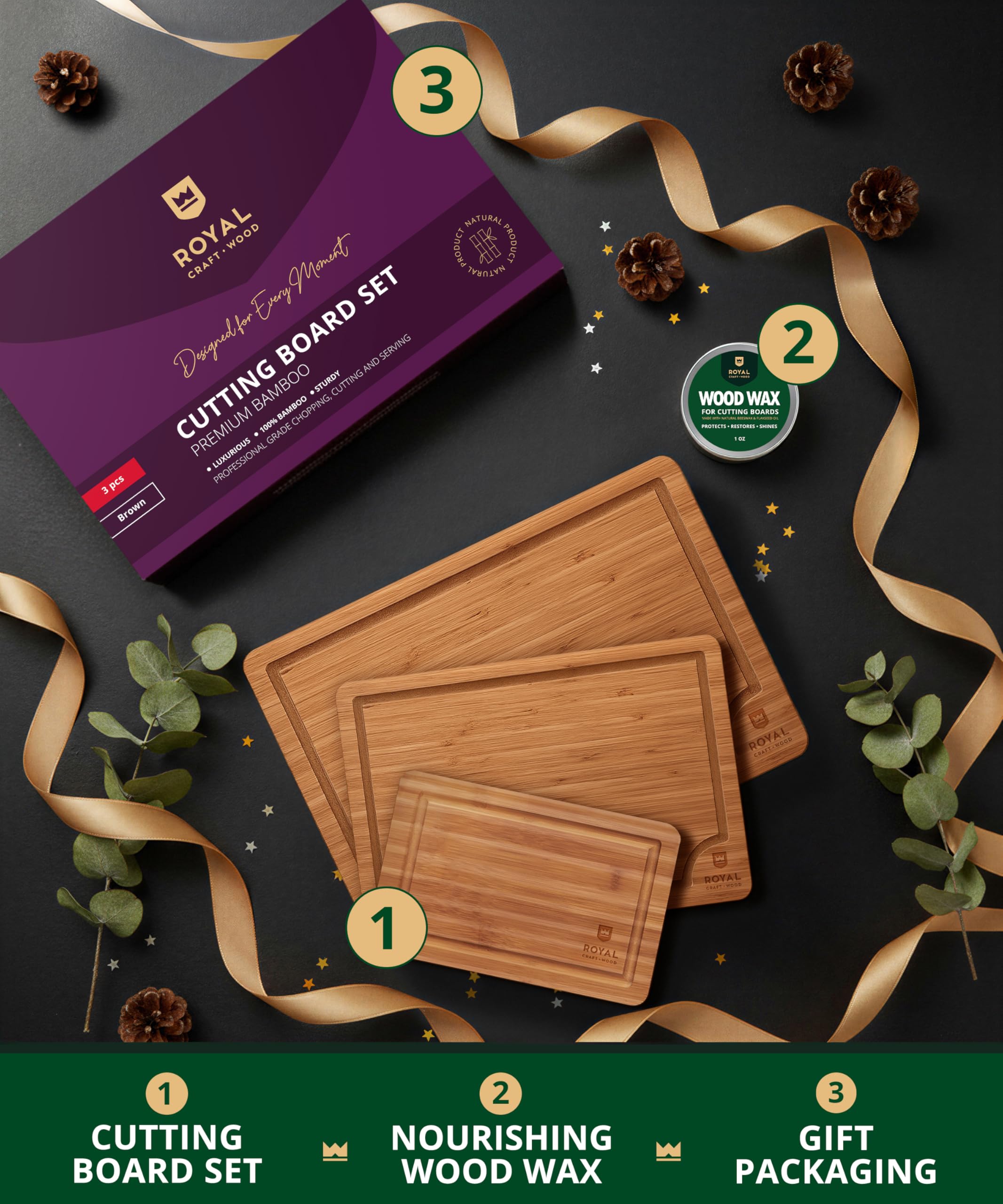 ROYAL CRAFT WOOD Schneidebretter aus Holz für Küche, Mahlzeitenvorbereitung und Servieren, Bambusholz-Servierbrett-Set mit tiefen Saftrillen, Seitengriffen, Charcuterie & Hacken, Metzgerblock für