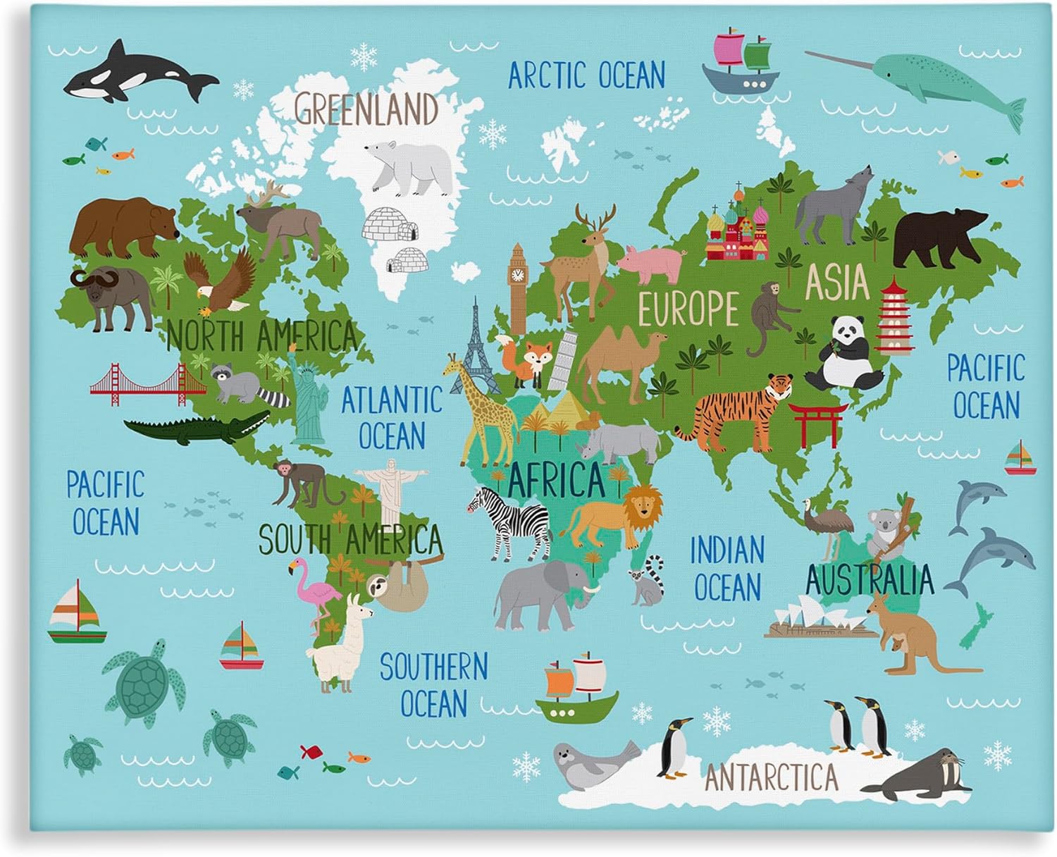Stupell Industries Kid's Animal World Map Favorite Regional Wildlife, Designed by Lisa Whitebutton Canvas Wall Art, 16x20, Blue
