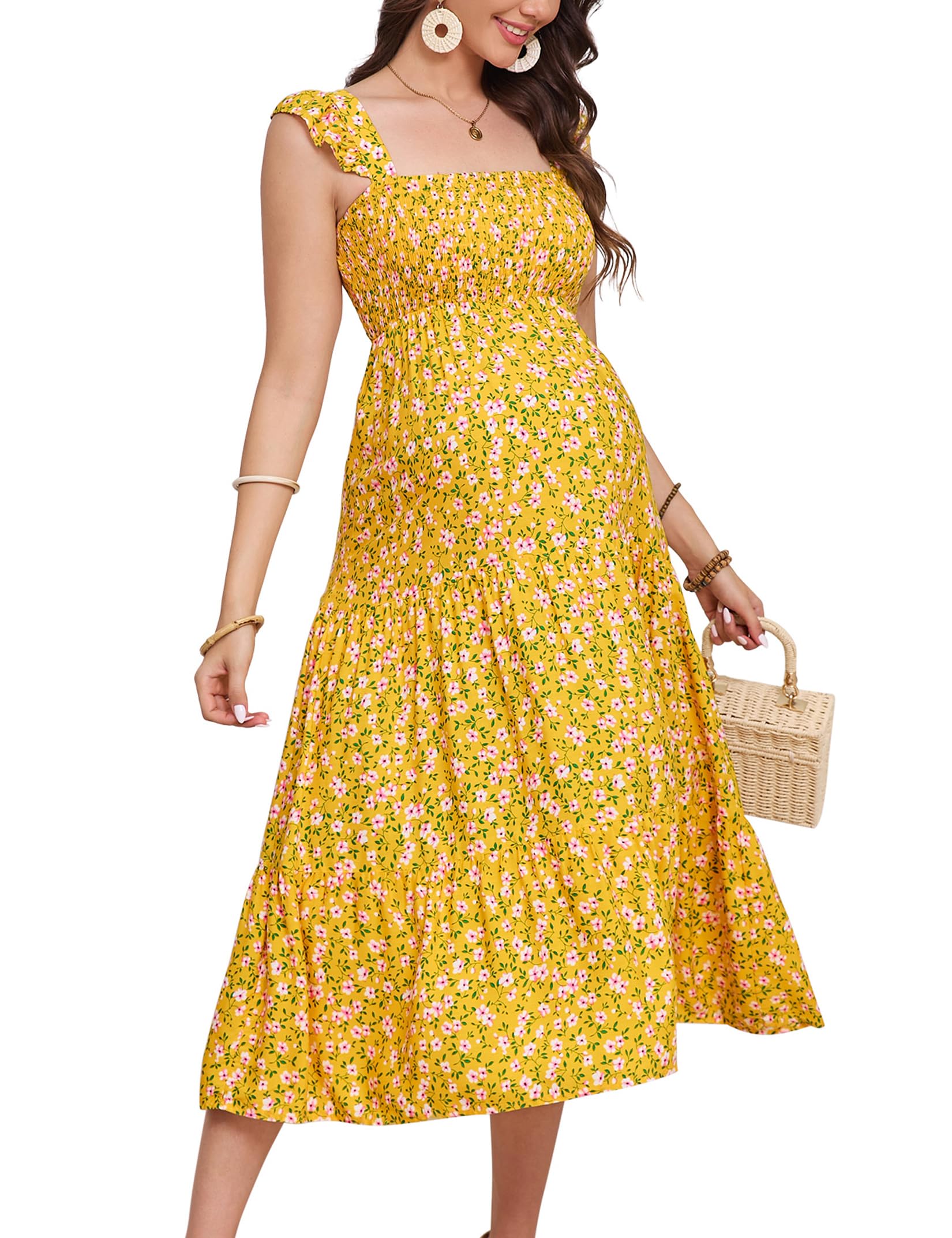 KOJOOIN Womens Maternity Dress Summer Sleeveless Smocked Square Neck Ruffle Casual Boho Midi Dress Baby Shower Photoshoot