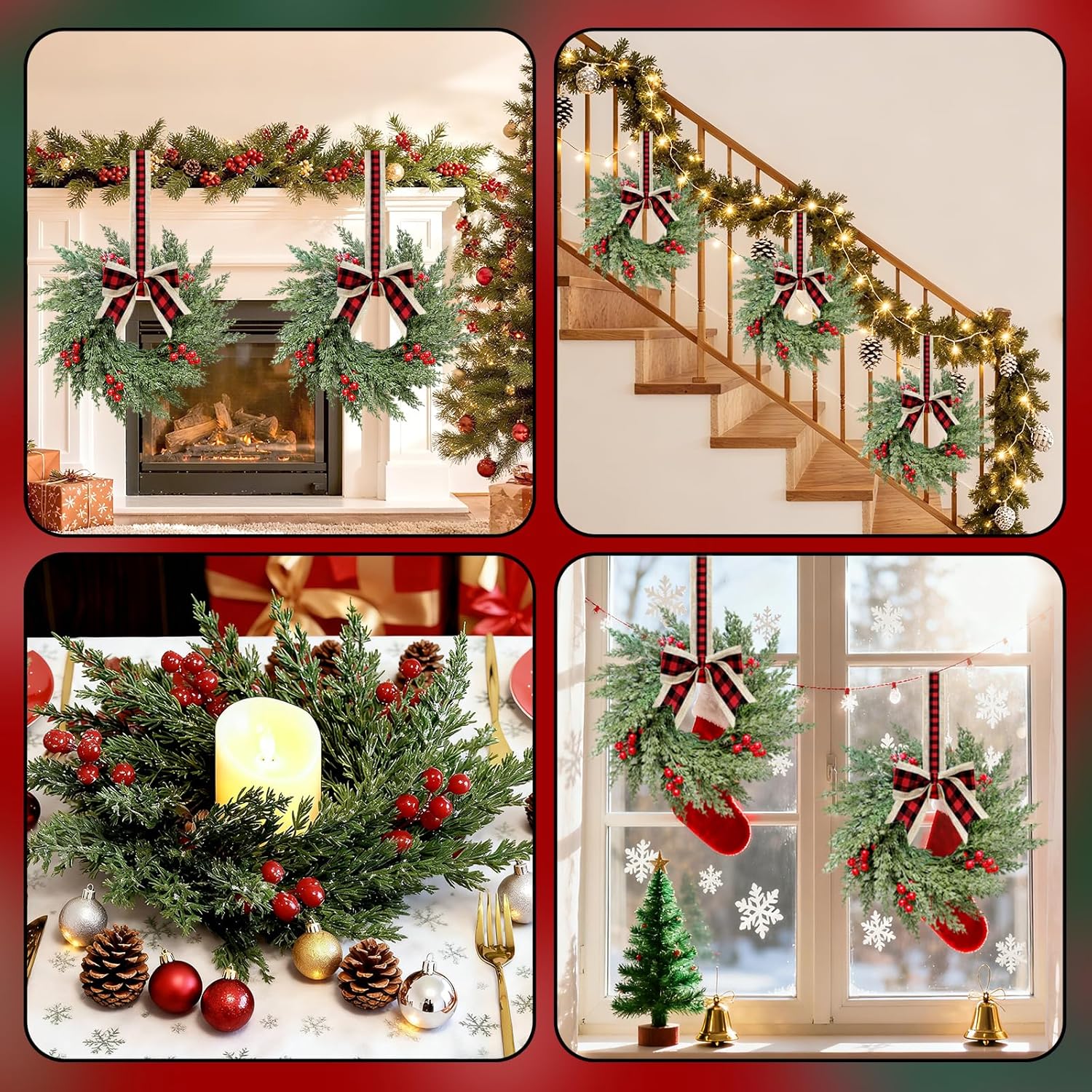 6 Pcs Small Christmas Wreath, Norfolk Pine Wreaths, 14in Mini Wreaths for Cabinets Christmas Candle Rings with Ribbon for Kitchen Window Decor, Mini Decorative Hanging Wreath for Xmas Decor