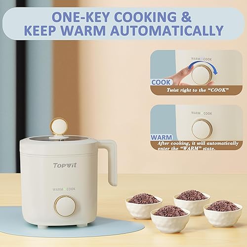 Miniatura 4 de TOPWIT Arrocera pequeña, mini olla arrocera para 2 tazas sin cocinar, arrocera portátil de 1.2 litros con revestimiento antiadherente, sin BPA,