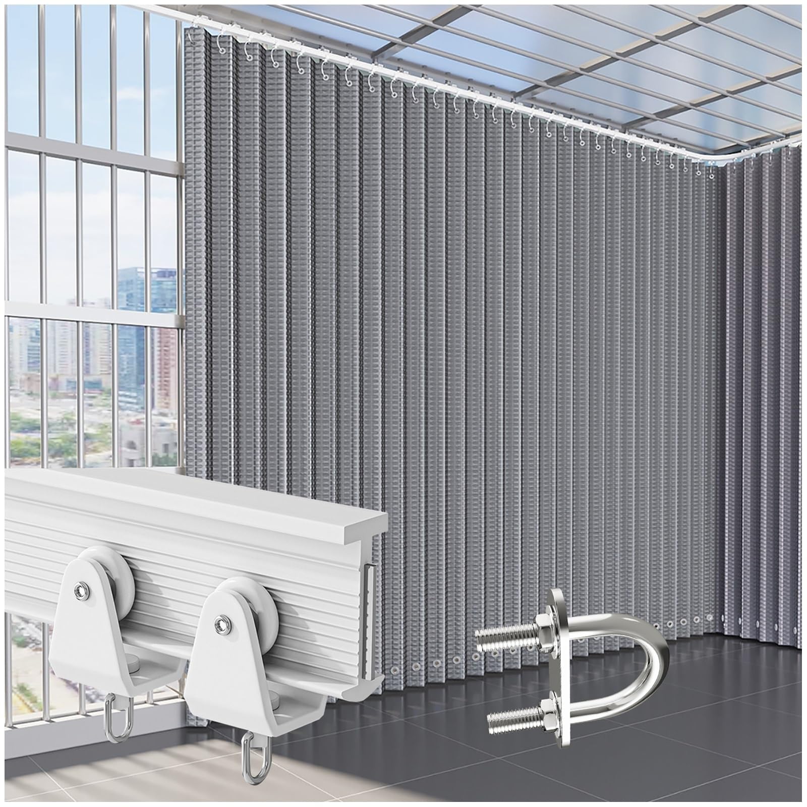 No-Drill Flexible Curtain Rod, Bendable Curtain Track with Silent Rollers & U-Bolt Mounting Clamps, Suitable for installation on metal railings or pipes(100cm/39in)