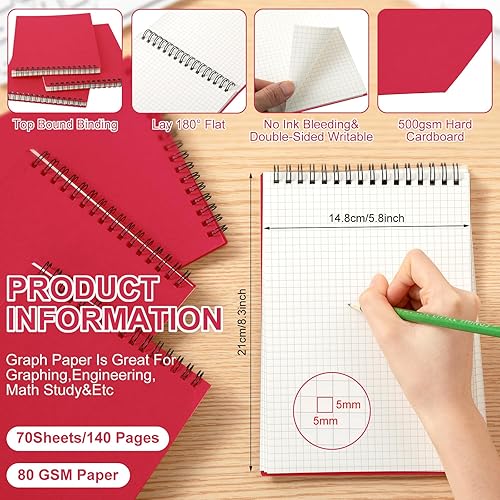 Miniatura 9 de Paquete de 12 bloc de notas de papel cuadriculado A5, bloc de notas encuadernado con alambre, bloc de notas de esteno, bloc de notas de tapa dura,