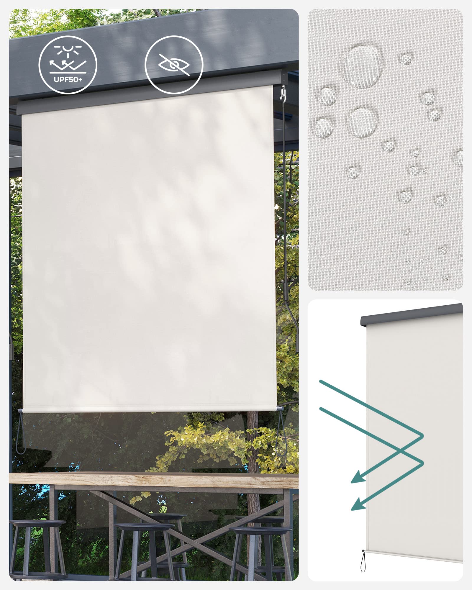 SONGMICS 1,4 x 2,5 m (szer. x dł.) markiza pionowa na balkon, taras, z szarą kasetą, pionowa markiza do użytku na zewnątrz, markiza chroniąca przed wiatrem, słońcem i spojrzeniami, beżowa GSA145BE