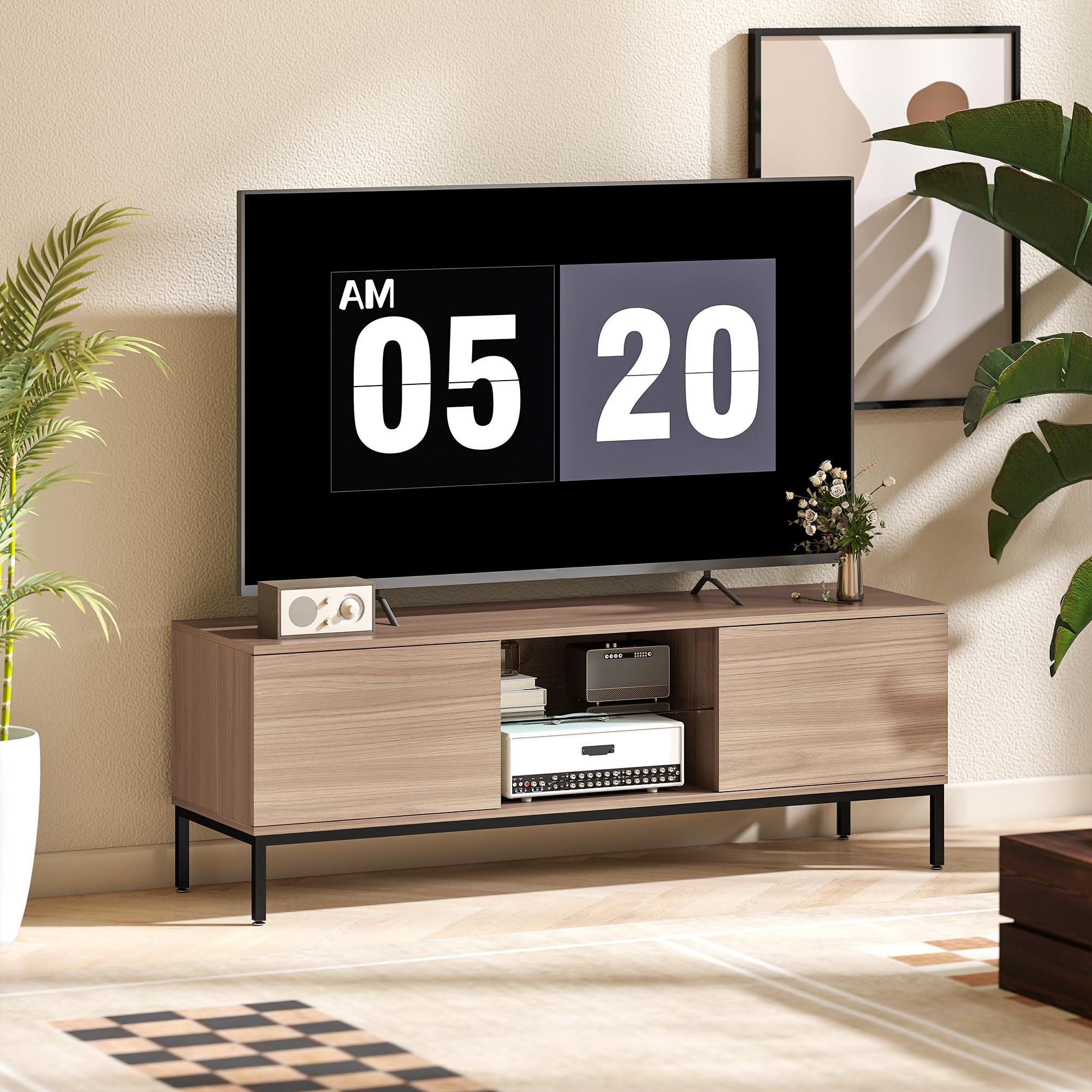 HOMCOM Mueble de TV Moderno Mueble de TV para Salón con 2 Compartimentos Abiertos 2 Puertas Estante de Cristal Ajustable y 2 Orificios para Cables para Televisión hasta 60 Pulgadas 140x40x49,5 cm Gris