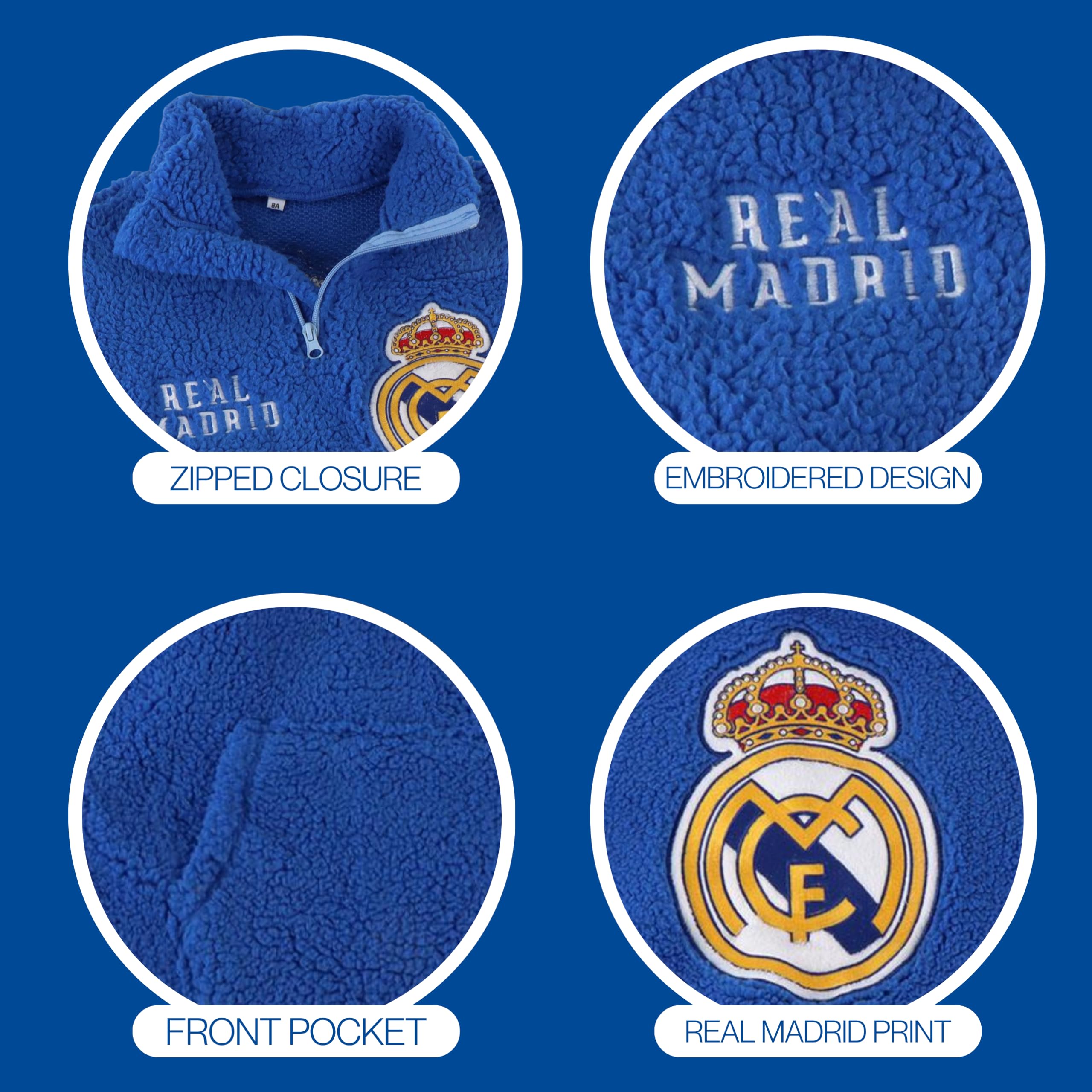 CF REAL MADRID Sudadera para Niño, Sueter Sudadera Diseño Textil Suave Polar Sherpa, Regalo para Niño, Tallas 4 a 10 Años