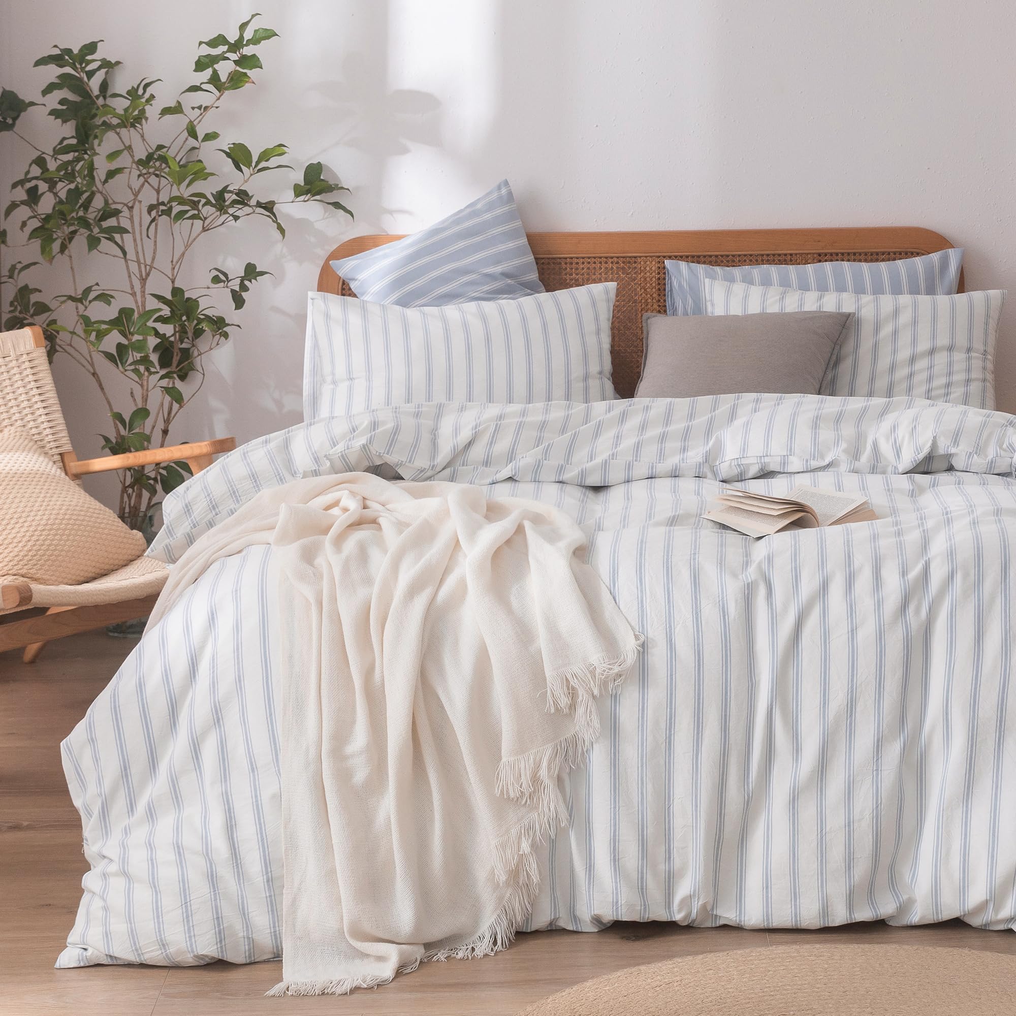 BESTOUCH Striped Cotton Duvet Cover Set Linen Feel Oversized King