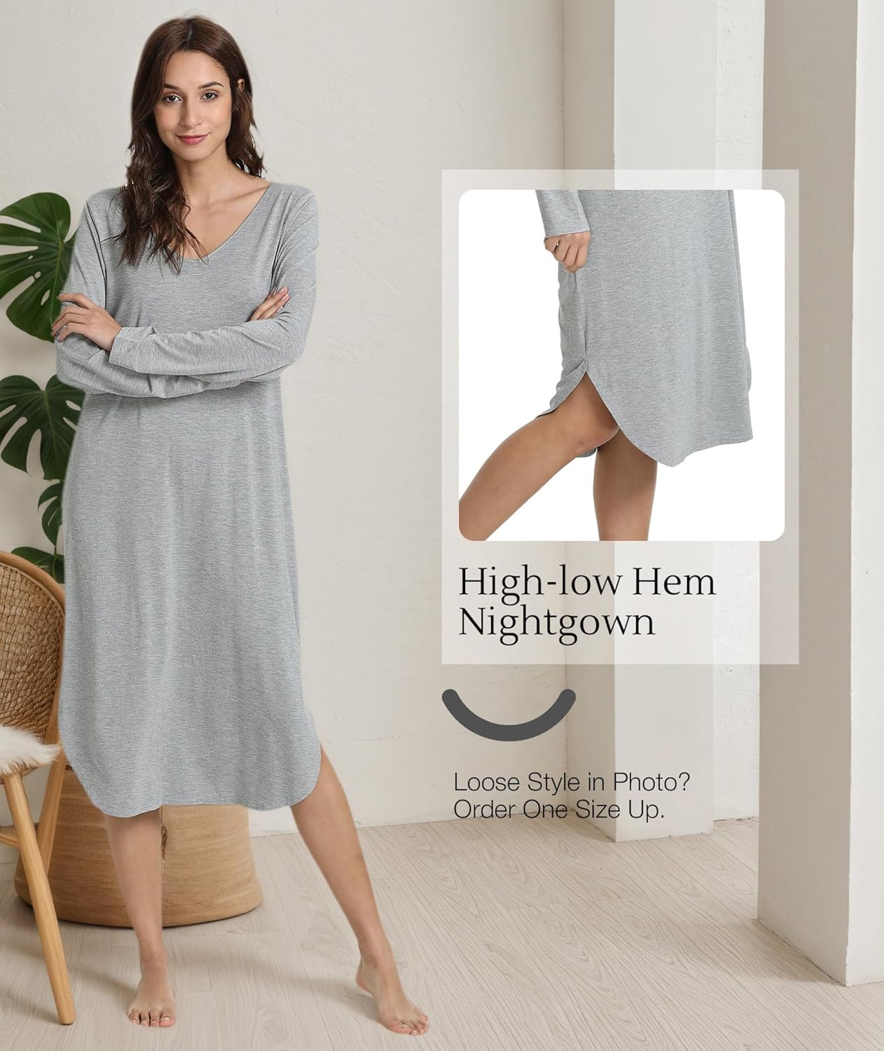 GYS Bamboo Viscose Nightgowns for Women, Soft Long Sleeve V Neck Night Shirts Sleepwear, Below the Knee Long Nightgown Pajama - Image 4