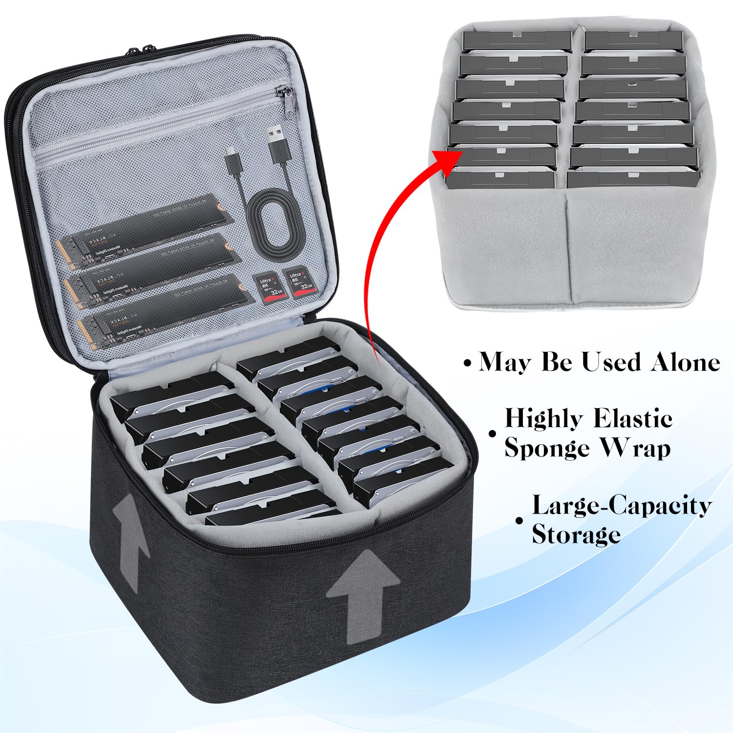 Funda para disco duro, bolsa de almacenamiento protectora de 14 bahías para disco duro de 3.5 pulgadas, caja de almacenamiento de gran capacidad con cerradura, funda de transporte portátil