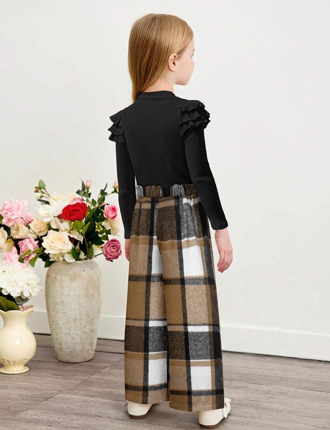 MIGU Girls Clothes Fashion Long-Sleeved Tops Plaid Trousers Loose Straight Leg Pants Plaid Hat Girls Outfits Fall 3pcs - Image 4