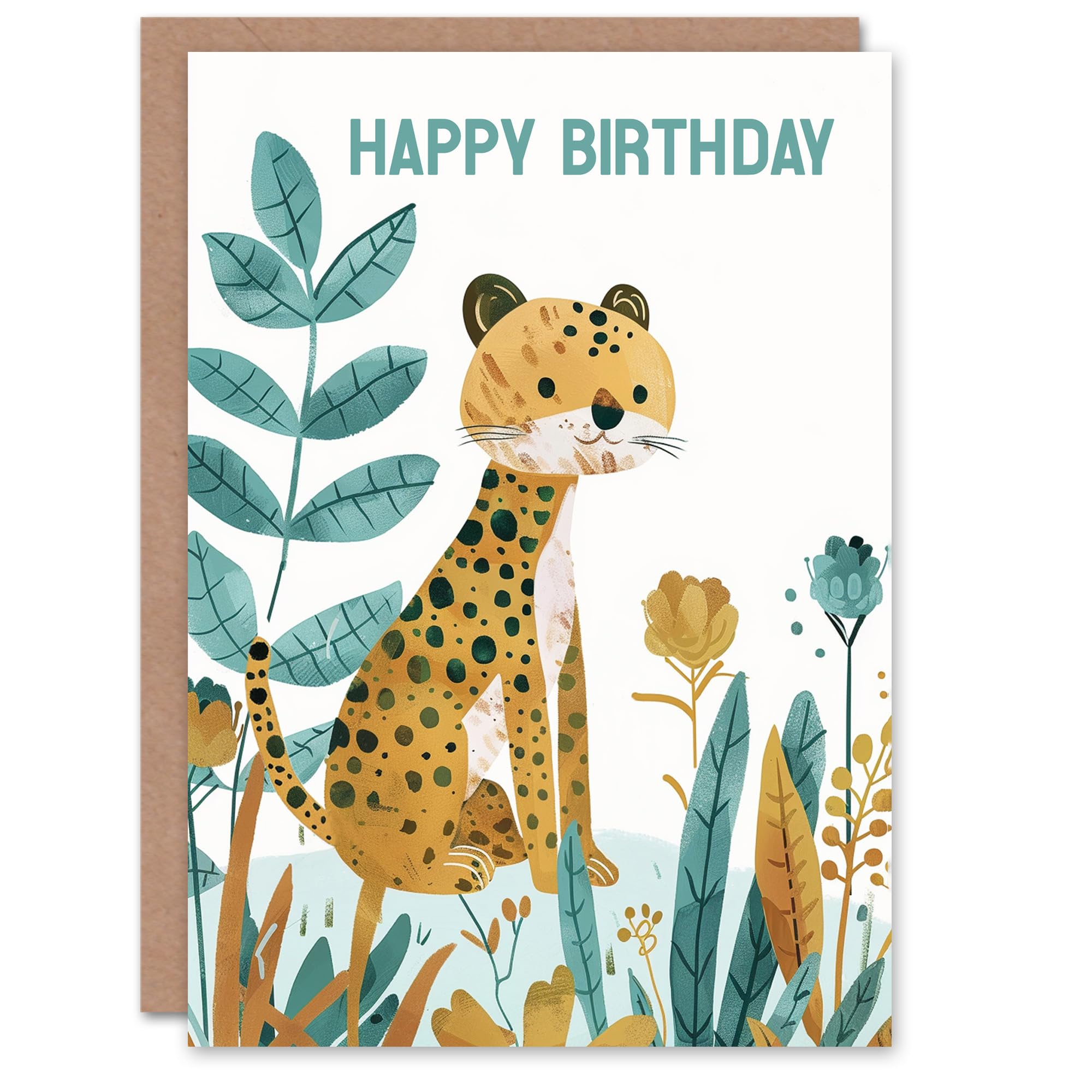 Artery8 Birthday Card Cute Cheetah Jungle Plants Fun Kids Child For Son Daughter Girl Boy Happy Card