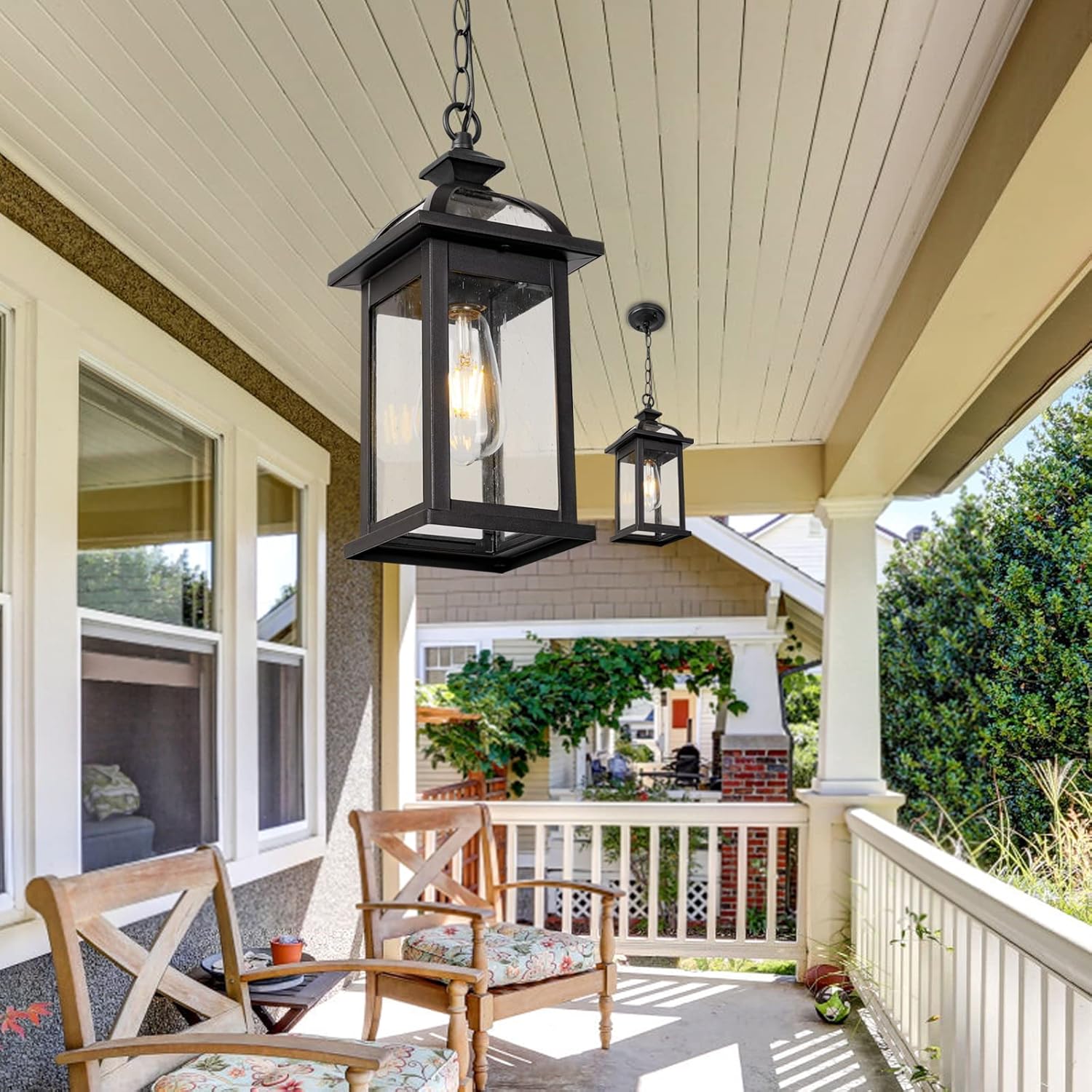 Darkaway Outdoor Pendant Light Fixture Lantern, Hanging Porch Light with Glass Aluminum Outdoor Pendant Lights for Porch, Patio, Entryway (2 Pack, Black)