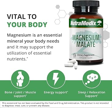 NutraMedix Magnesium Malate - Bone Health, Joint & Muscle Support - Enhanced Absorption - Energy Support Supplement - May Help Vitamin D Absorption (120 Vegetarian Capsules)