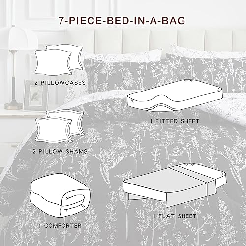 Miniatura 8 de Joyreap Juego de cama de 7 piezas en una bolsa, juego de edredón botánico tamaño King para todas las estaciones, diseño reversible en blanco y