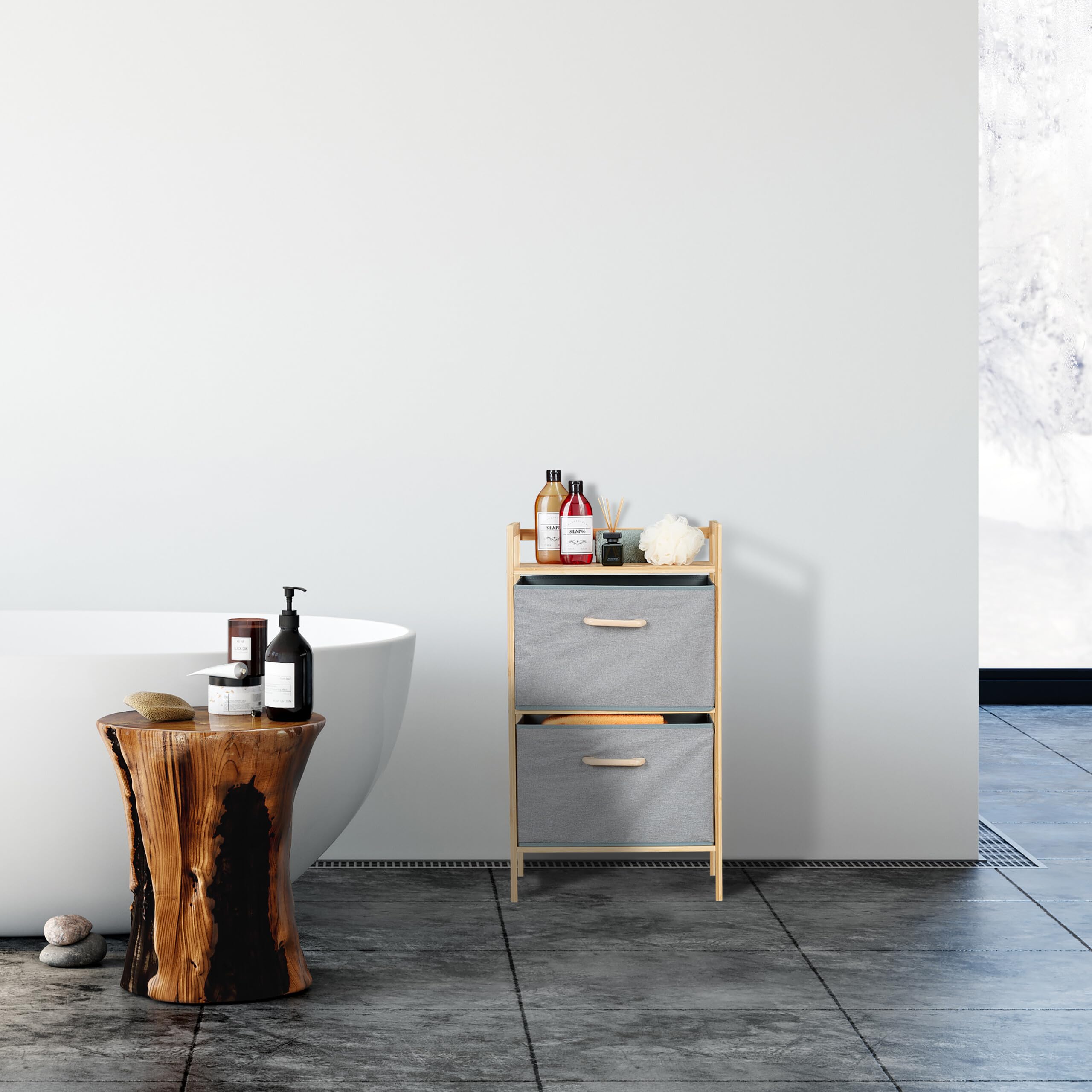 Relaxdays Scaffale Portabiancheria, Mobiletto da Bagno in bambù con 2 Sacchi Rimovibili, 76 x 43 x 27 cm, Marrone Grigio