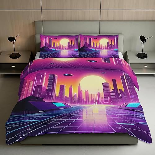 Miniatura 17 de Synthwave - Juego de funda de edredón tamaño individual, juego de ropa de cama de ciencia ficción con cierre de cremallera, funda de edredón