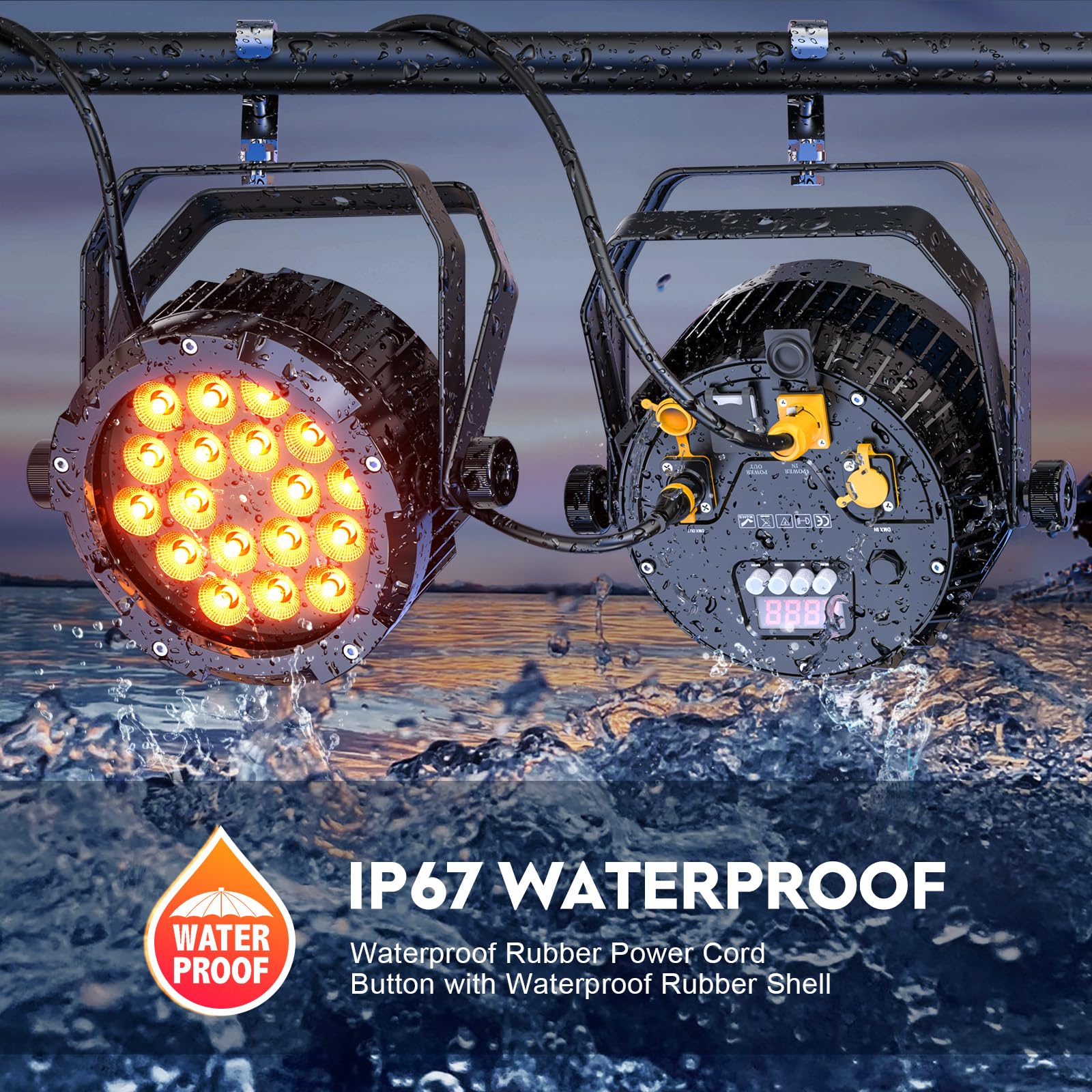 IP67 200W Par LED Lumière de Scène étanche, RGBWA + UV 18 LED Imperméable Éclairage de Scène DMX 6/10CH, Lumière Par pour Jours de Pluie Extérieur Mariage Halloween Noël