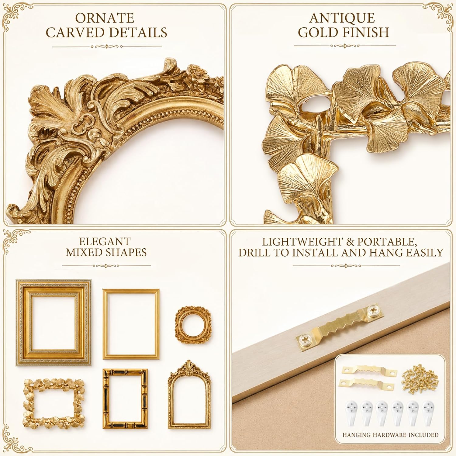 Kathfly 6 Pack Vintage Empty Picture Frames Baroque Gold Decor for Wall, 8" x 10", 4" x 6" Decorative Antique Mixed Shapes Picture Frames Set for Bedroom Living Room Gallery Wall (Ornate)
