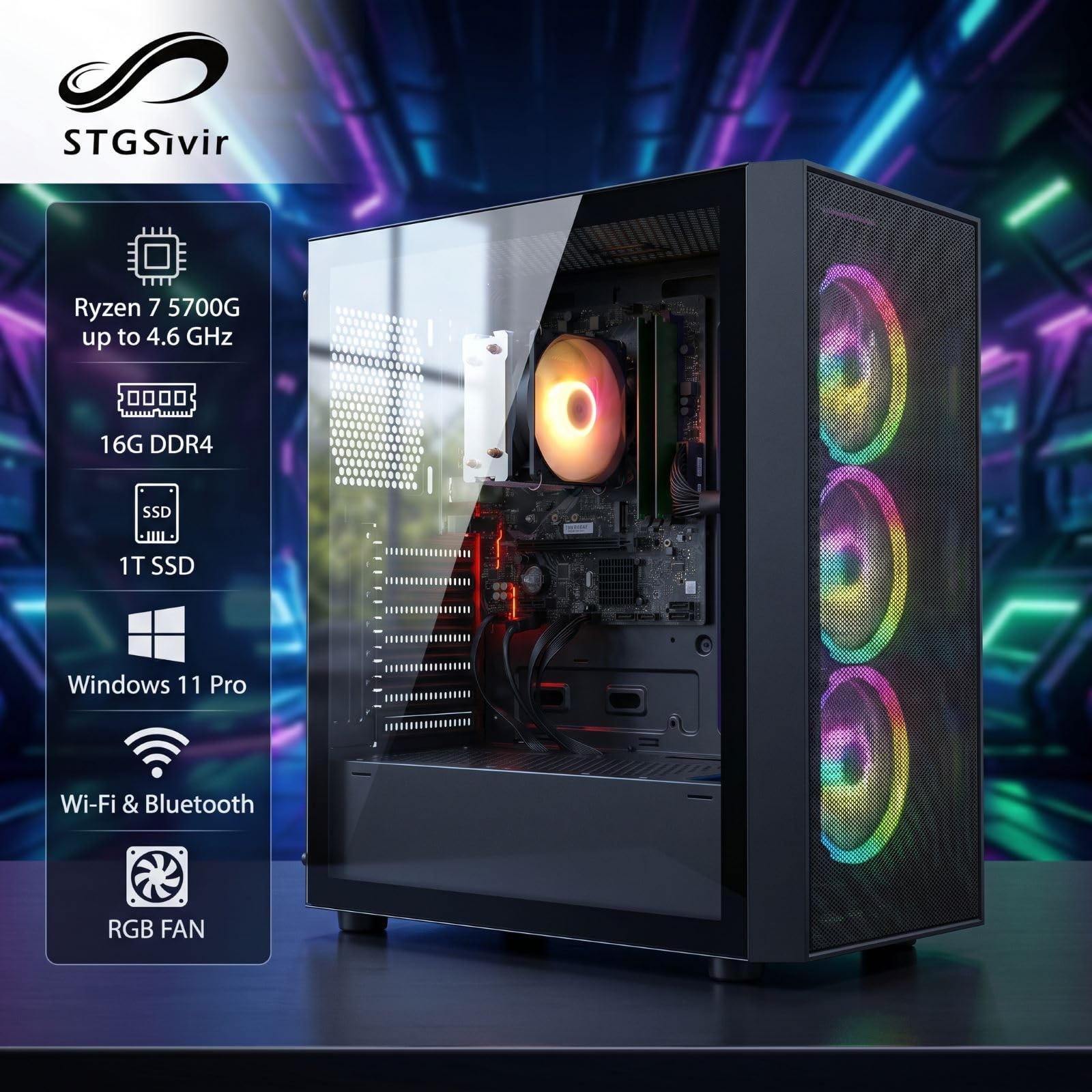 STGsivir PC Gaming, Ryzen 7 5700G, Vega 8, 32G DDR4, 1T SSD | Ordenador Gaming para Streaming, Edición de Video, Tareas, hasta 4.6 GHz, WiFi 6, BT 5.0, HDMI, Win11 Pro, ARGB