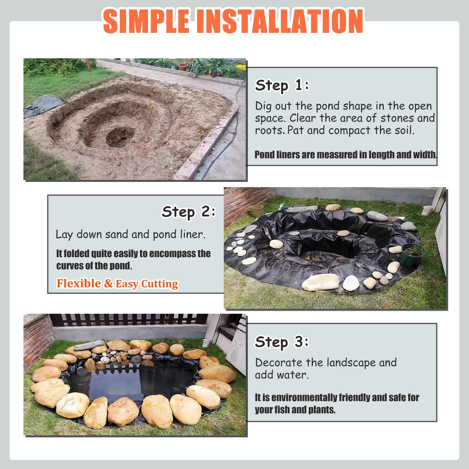 Telo per laghetto nero, 3 x 4 m, 4 x 7 m, 5 x 8 m, 7 x 10 m, 8 x 12 m, 10 x 15 m, impermeabile, per laghetti, fontana, cascata e copertura artificiale per laghetti