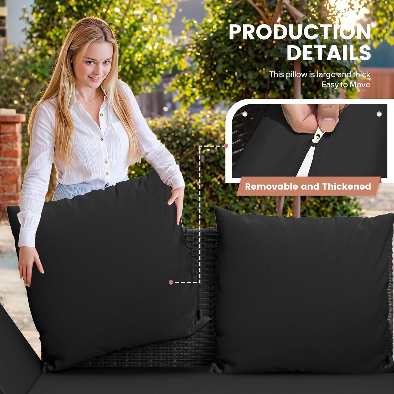 Close-up image showing a removable cushion with a zipper, highlighting its thickened design.