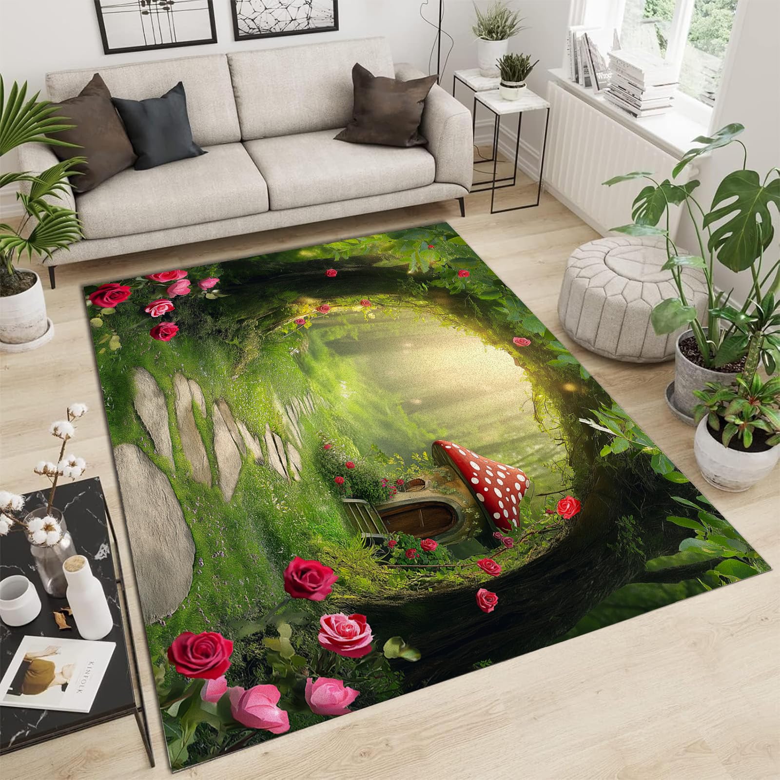Tapis forêt verte voûte 200x300 pour grand salon et terrasse