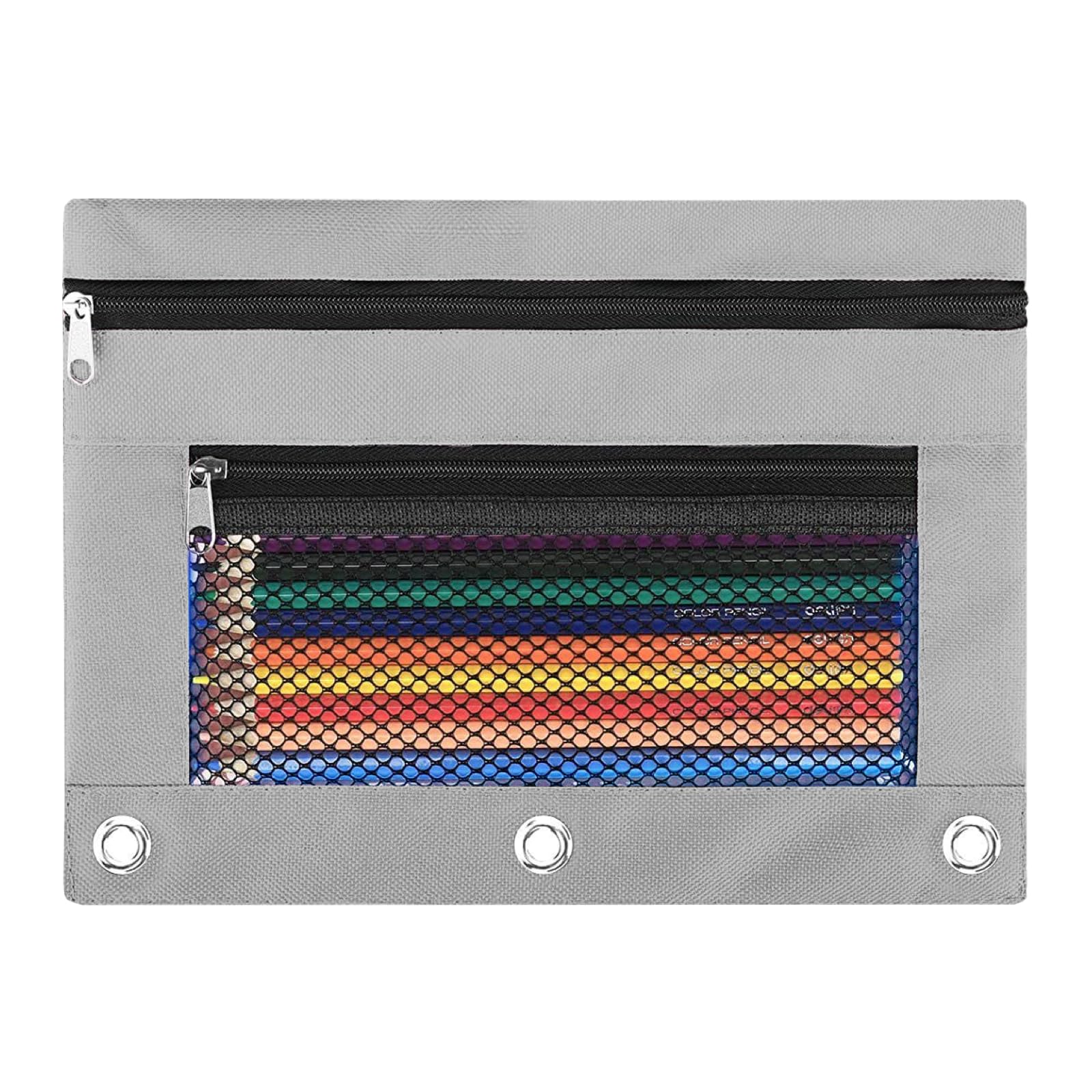 Pencil Pouch for 3 Ring Binder - 3 Hole Zipper Pen Case Bag Holder Bulk Accessories Clear Window Aesthetic Organizer Pockets (Grey)