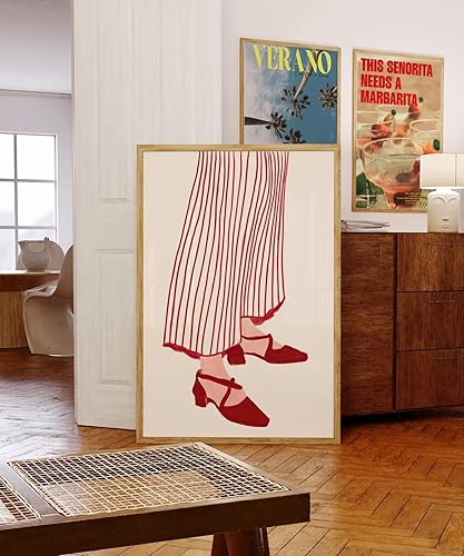 Miniatura 2 de Red Line Art Poster of Retro 70s Style Shoes and Silhouette, Minimalist Wall Print with Psychedelic Vibe for Modern Home Decor
