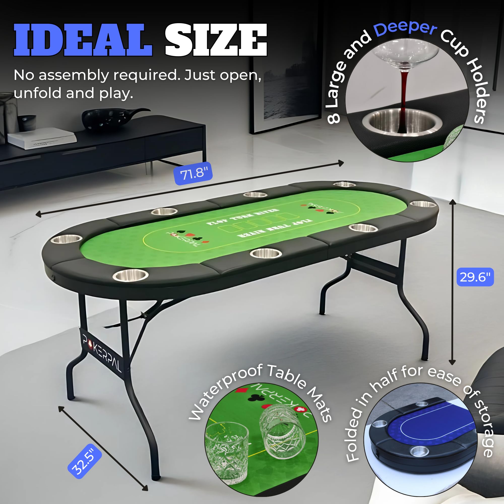 POKERPAL 8 Player Poker Table with 2 Interchangeable Game mats, Texas Holdem Poker and Blackjack, Collapsible Casino Table with Padded Rails and XXL Cup Holders for Wine and Whiskey Glasses, (71 in)