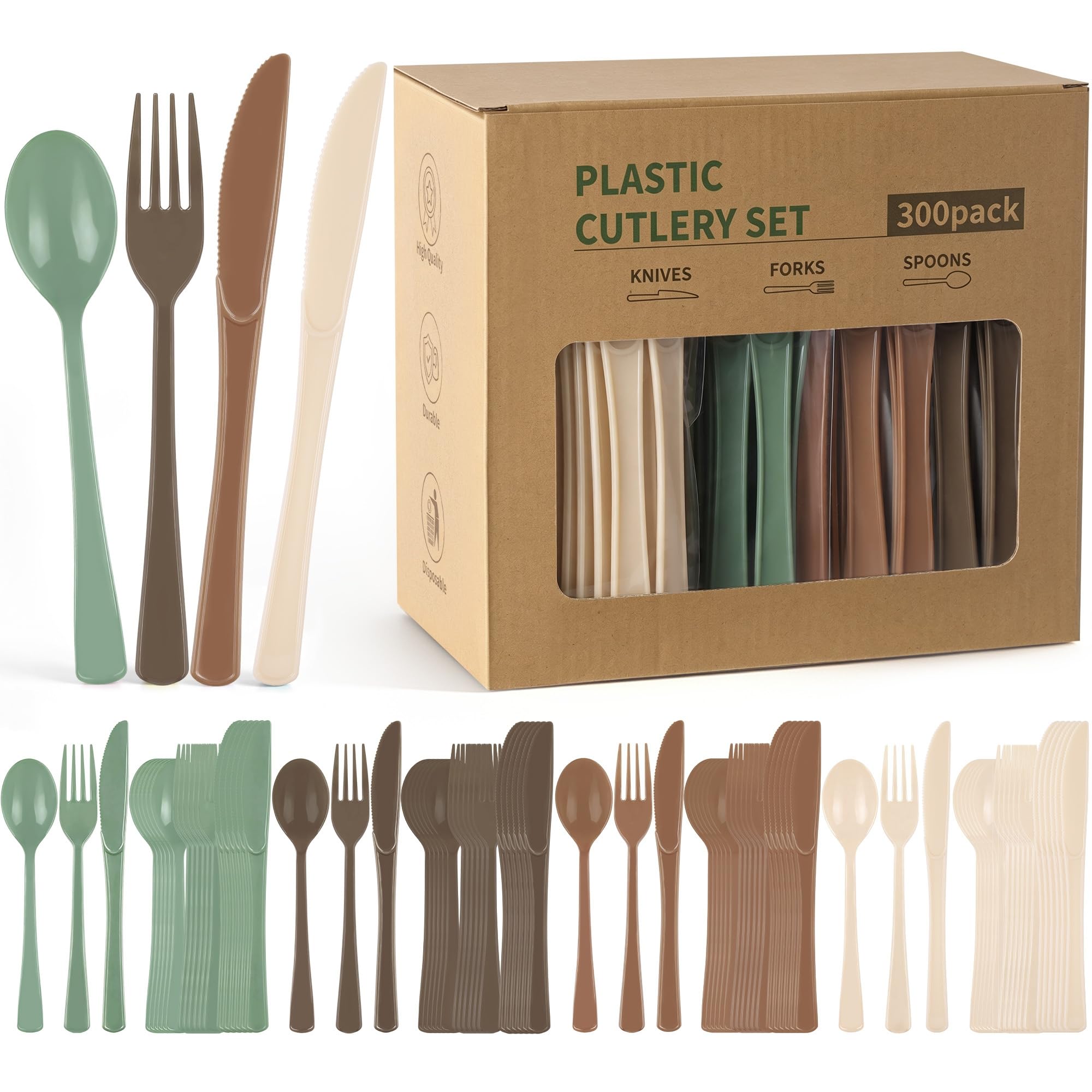 300Pcs Woodland Plastic Silverware Set, Disposable Full Size for Dinner