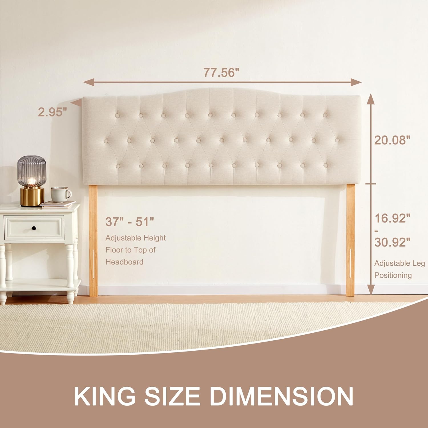 Huatean Home Tufted Upholstered Headboard King Size, Sturdy and Durable Solid Wood Bed headboard, Fabric Headboard Adjustable Height from 37” to 51”, Modern Button Diamond Design Head Board, Beige
