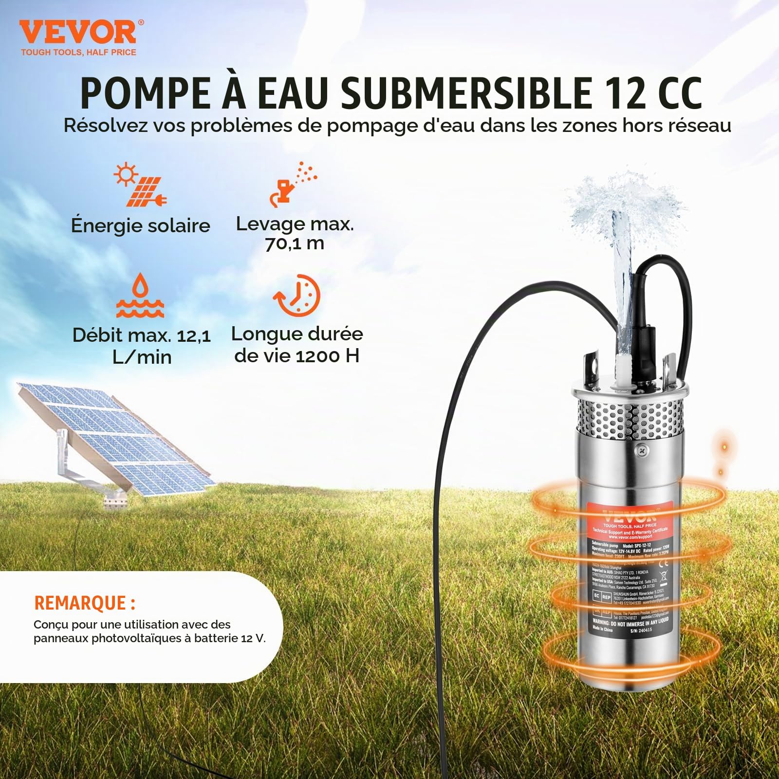 VEVOR Pompe à eau solaire, 120 W, pompe de puits profond submersible, 12 V CC, 3,2 GPM, levage 70 m, submersion maximale 30 m, pompe à eau à énergie solaire pour puits, irrigation de ferme, ranch