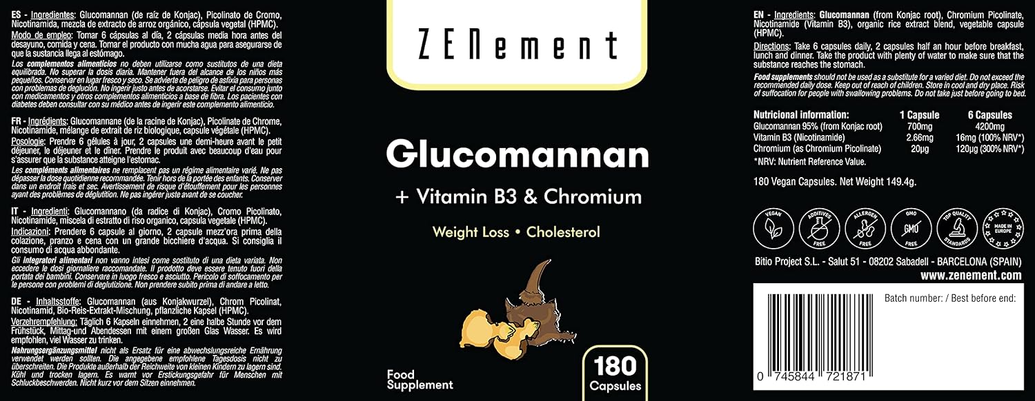 Glucomannan 4200 mg per Daily Dose with Vitamin B3 and Chromium, Konjac Root Fibre, for Weight Control, 180 Vegan Capsules - Image 3