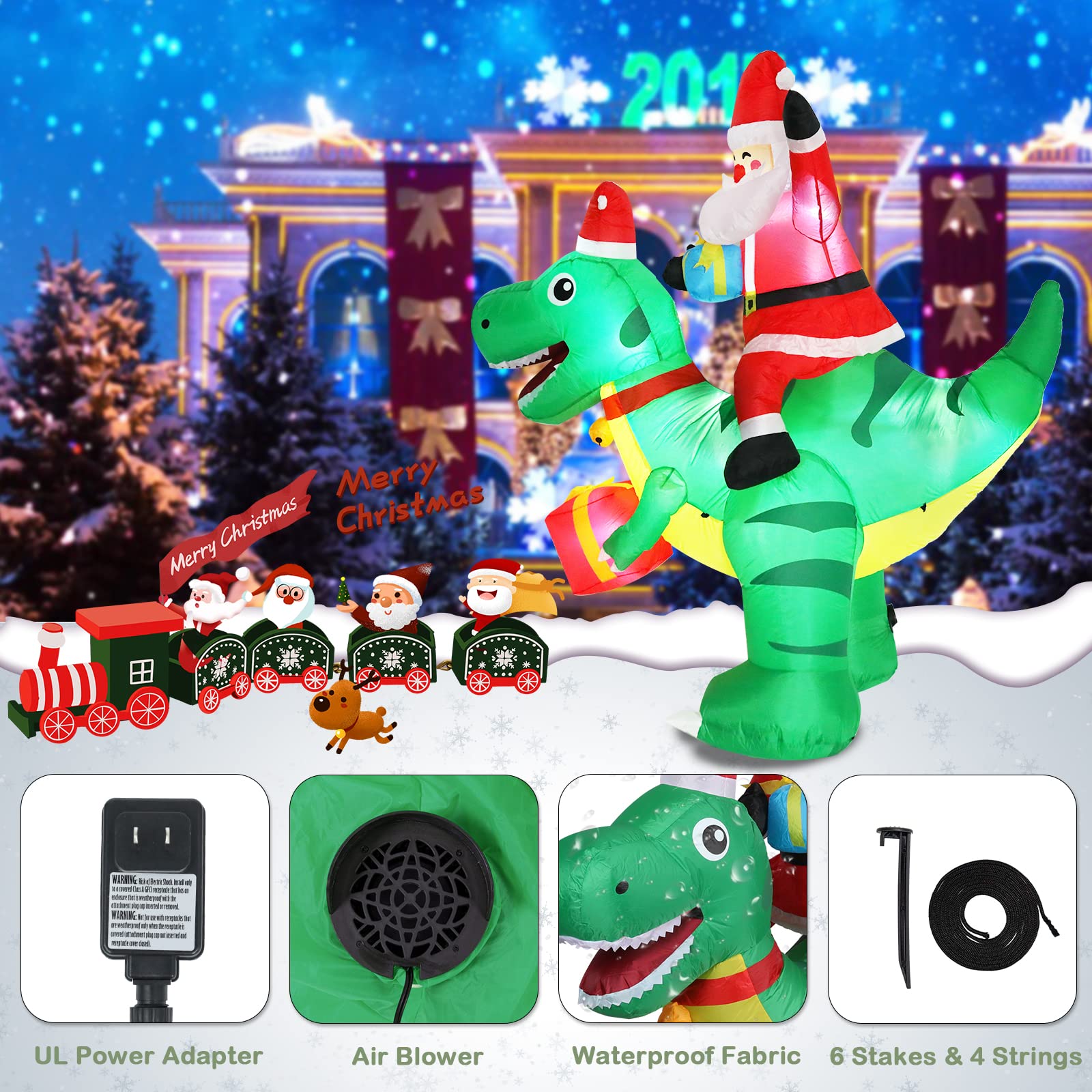 Dinosaurio inflable de Navidad de 6.5 pies de altura, decoraciones inflables de Papá Noel montando en dinosaurio, decoraciones de patio con luces LED integradas para Navidad, fiestas, césped,