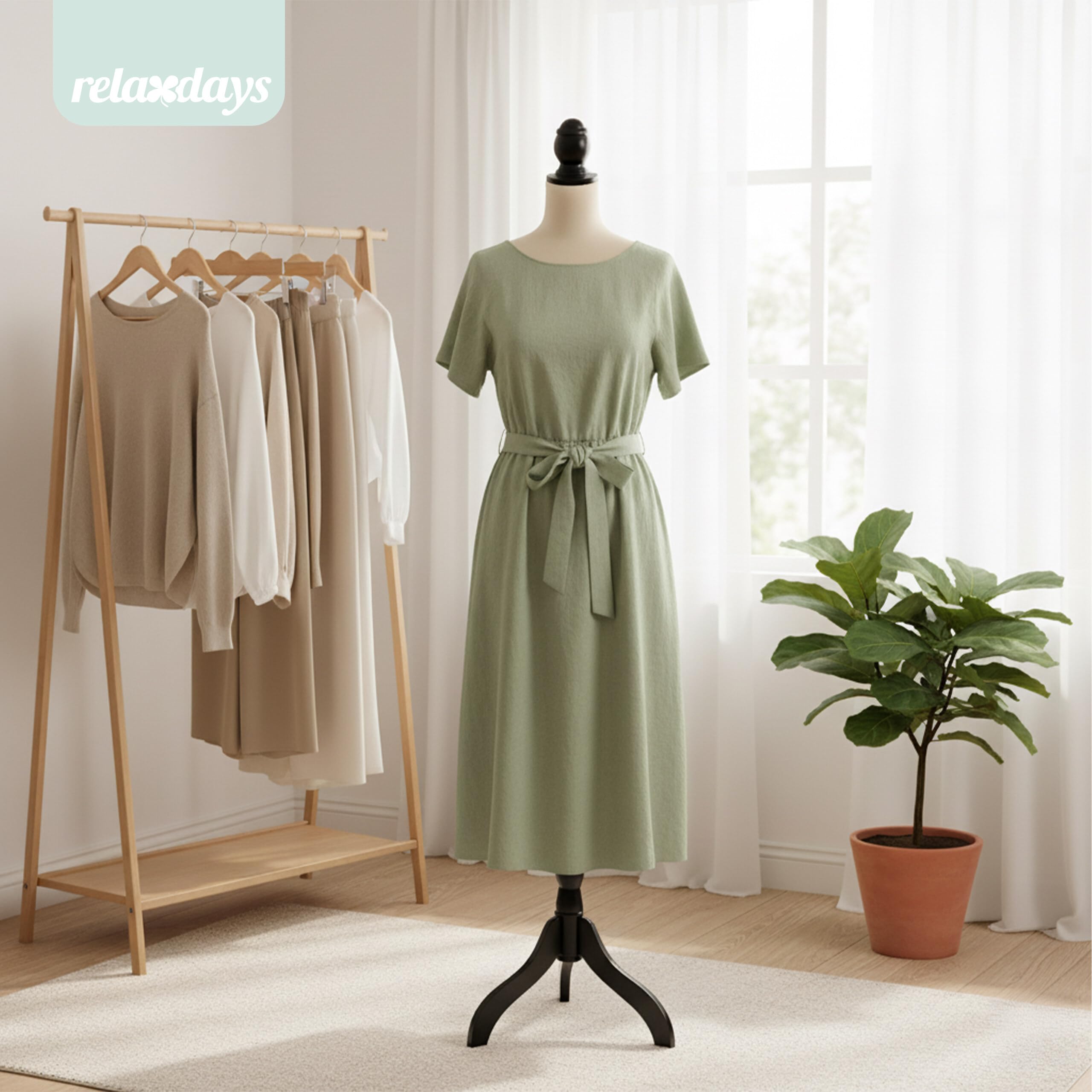 Relaxdays Schneiderpuppe weiblich, Größe 36/38, verstellbar 130–167 cm, Samt, Holzständer, Nähpuppe, Champagner/schwarz