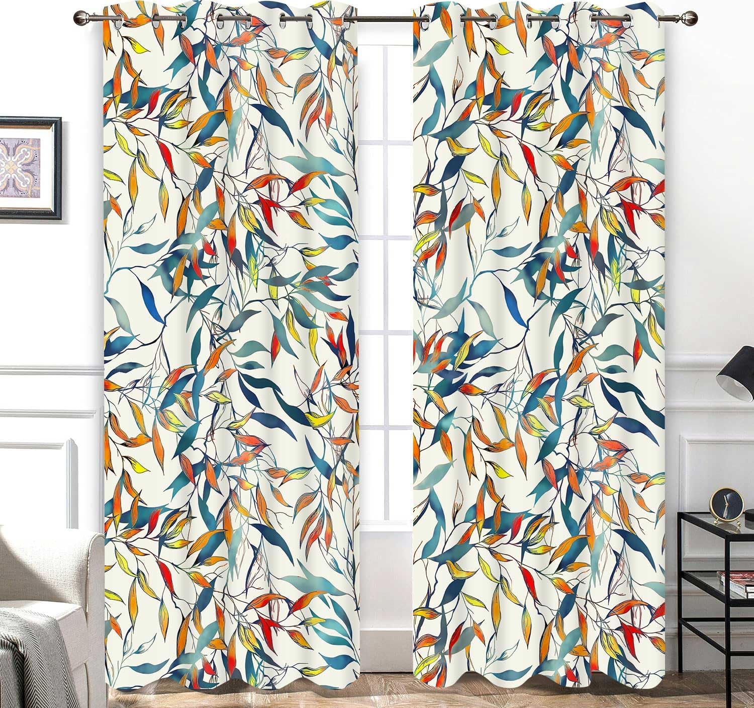 Boho Colorful Leaf Floral Living Room Curtains, Bohemian Spring Summer Botanical Blackout Curtain, Plant Modern Watercolor Art Farmhouse Rustic Window Drapes 2 Panels for Bedroom Kitchen Cafe, 42x84in