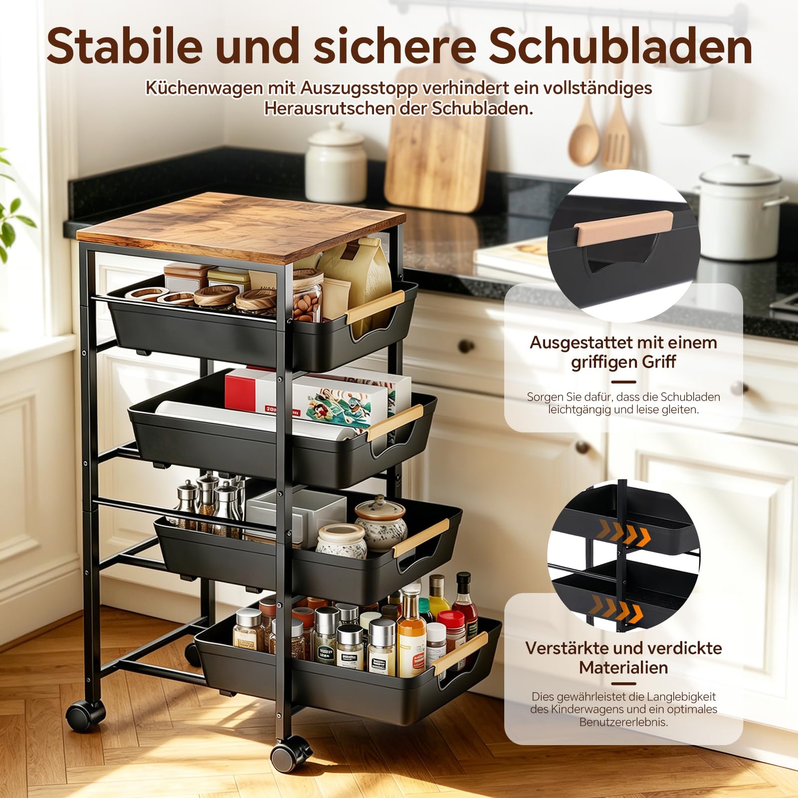 Küchenwagen mit 5 Ebenen & 4 Schubladen, 360° Rollen mit 2 Bremsen | Metall Rollwagen, Aufbewahrungswagen mit Holzplatte, Belüfteten Körben für Obst, Gemüse in Küche & Wohnzimmer (32x38x81.5cm)