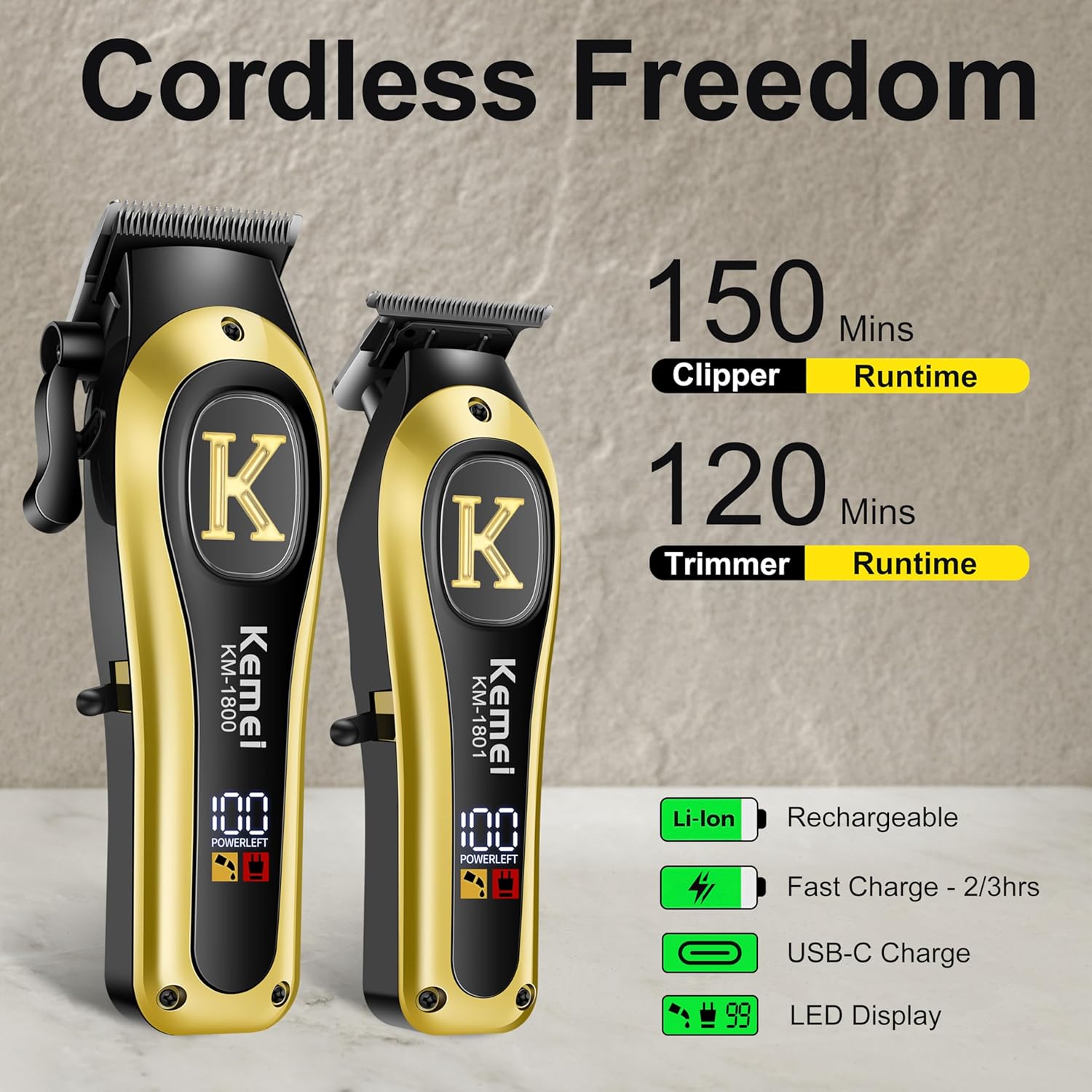 KEMEI Professional Clippers and Trimmers Set, Cordless Hair Clippers Trimmers for Men, Rechargeable Barber Hair Cutting Kit - Image 3